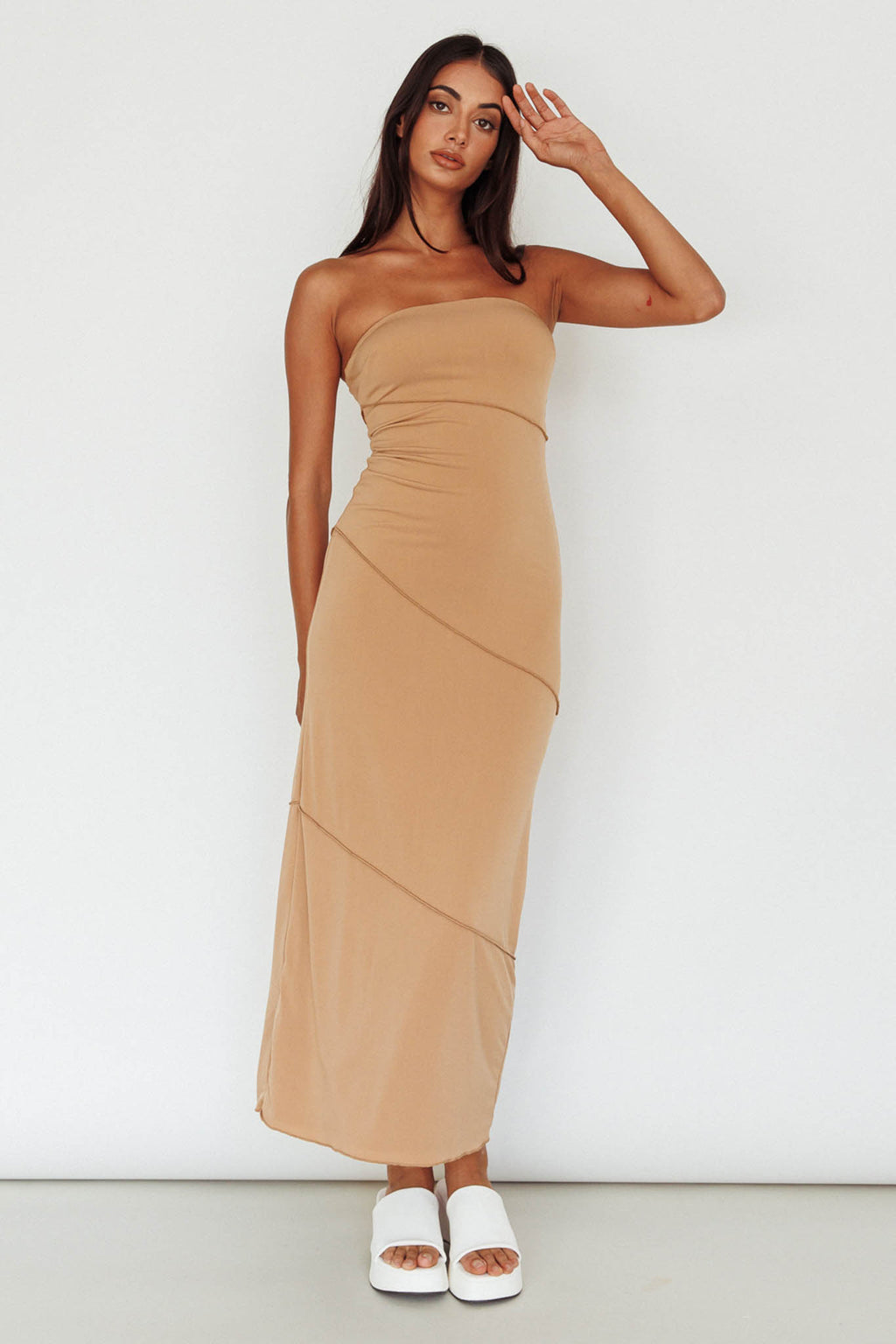 Making Headlines Strapless Midi Dress Camel by Selfie Leslie Australia