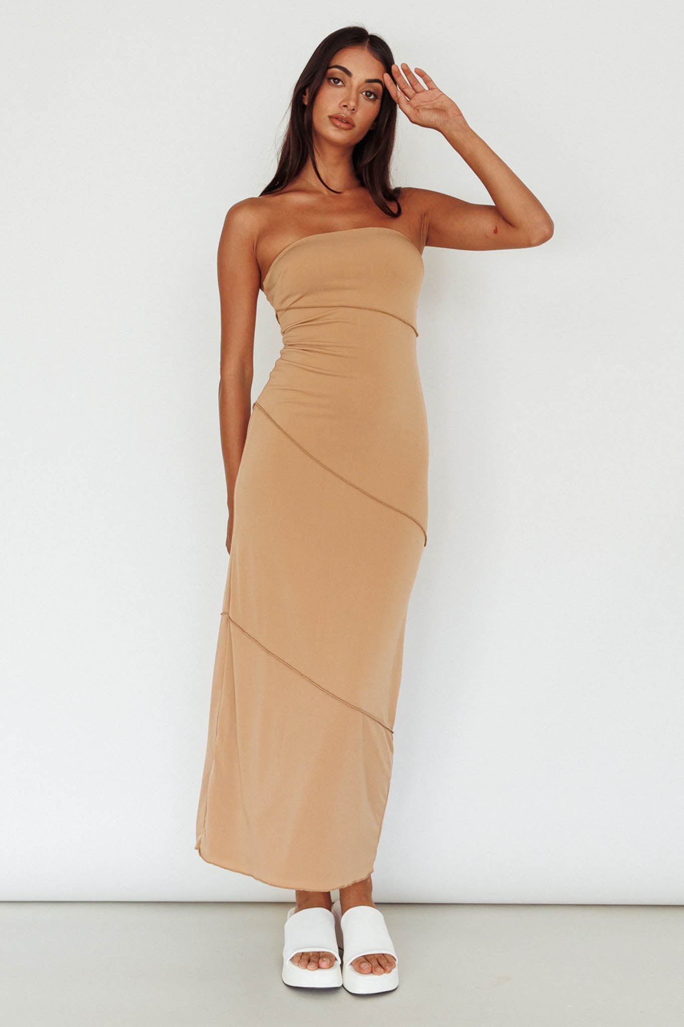 Making Headlines Strapless Midi Dress Camel by Selfie Leslie Australia