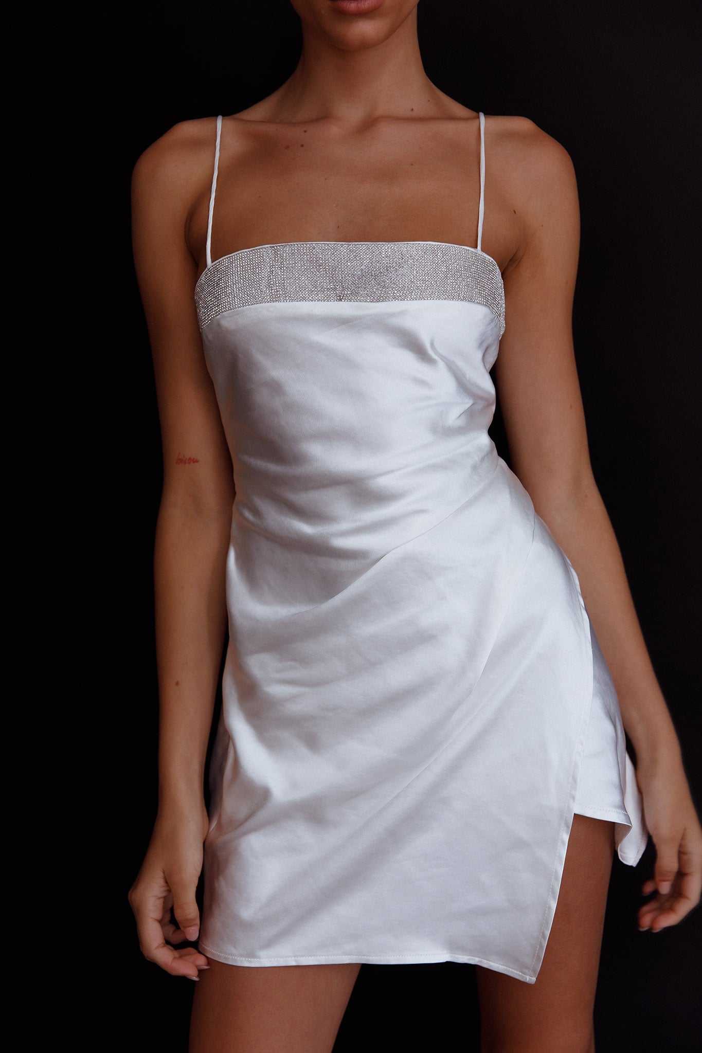 Making Headlines Diamante Neckline Mini Dress White by Selfie Leslie