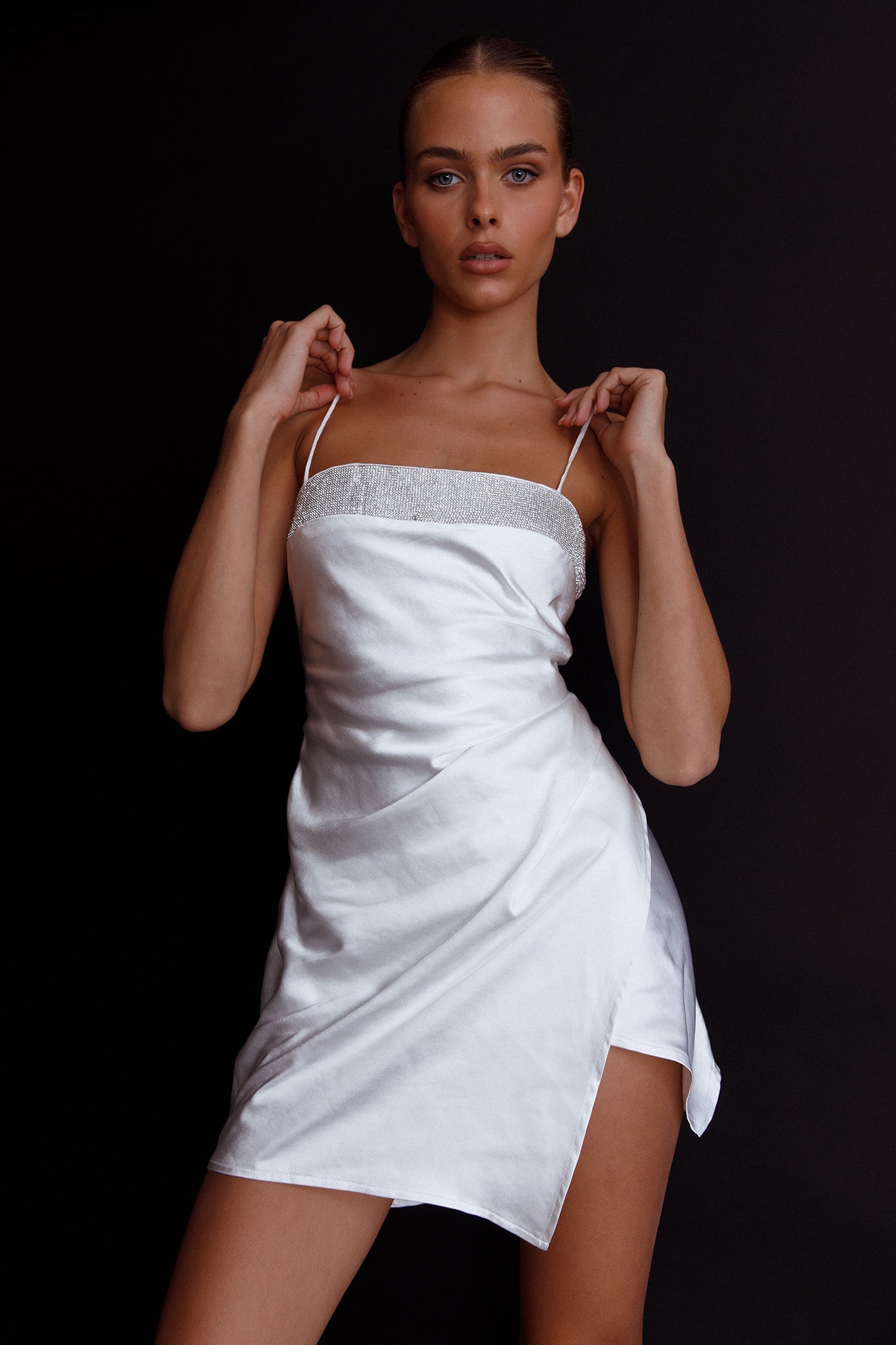 Making Headlines Diamante Neckline Mini Dress White by Selfie Leslie