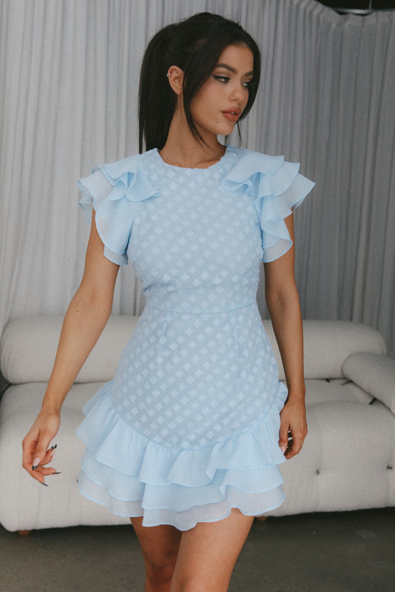 Destined To Be Ruffle Mini Dress Textured Blue by Selfie Leslie Australia