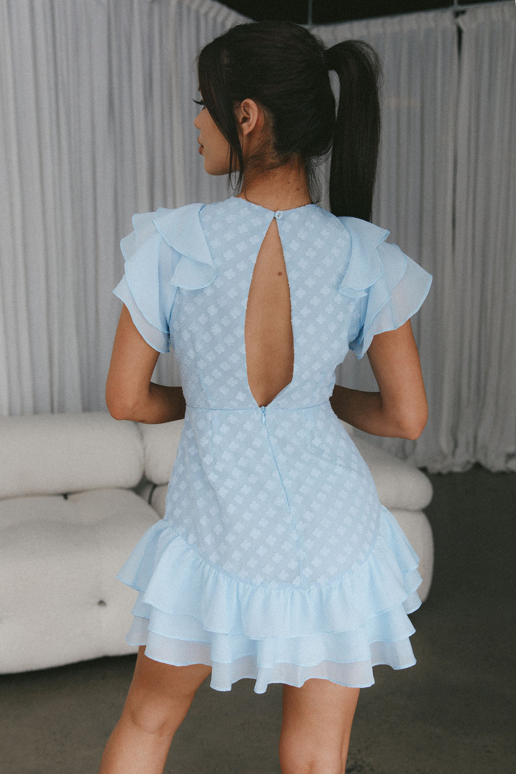 Destined To Be Ruffle Mini Dress Textured Blue by Selfie Leslie Australia