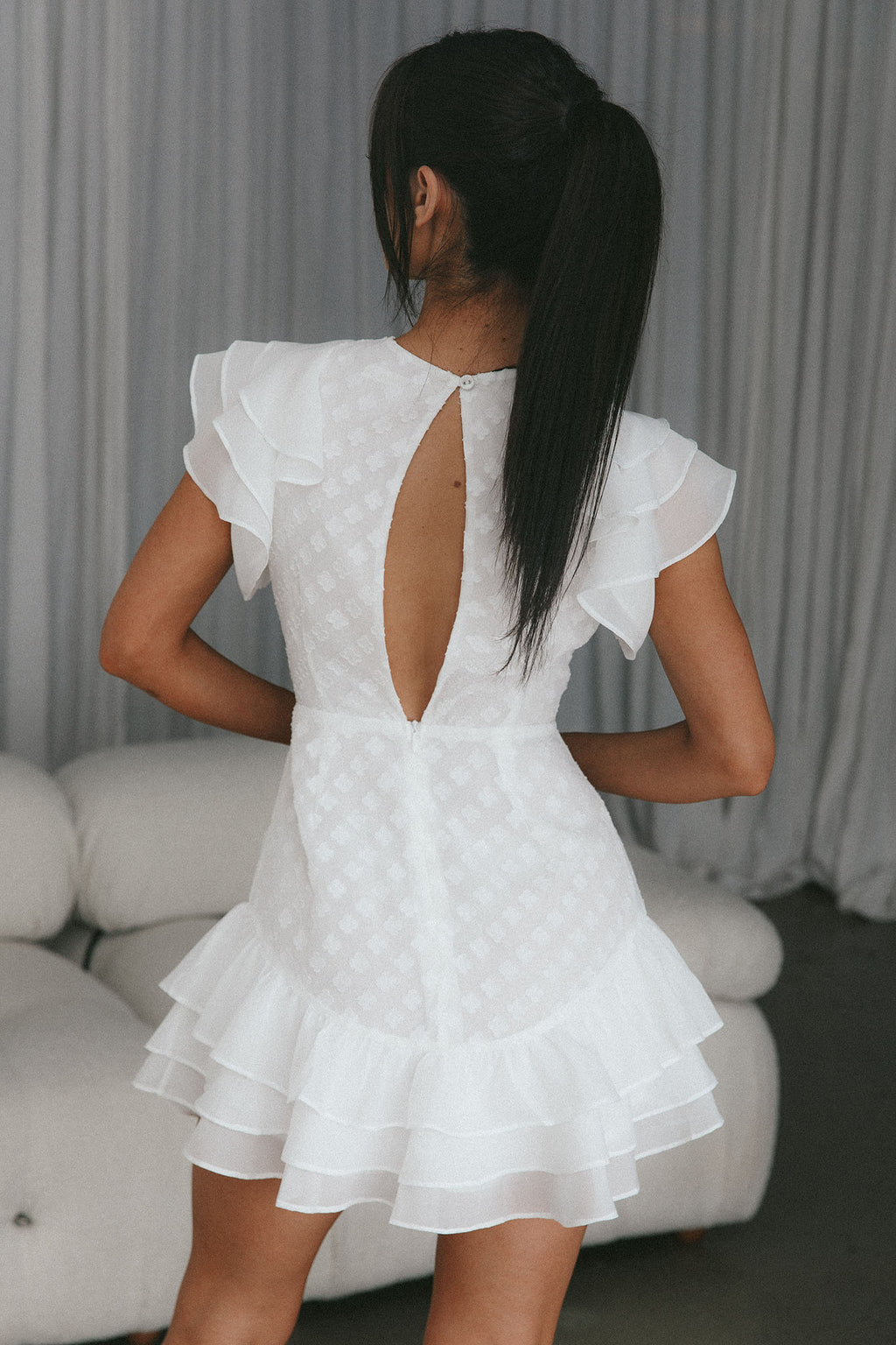 Destined To Be Ruffle Mini Dress Textured White by Selfie Leslie Australia
