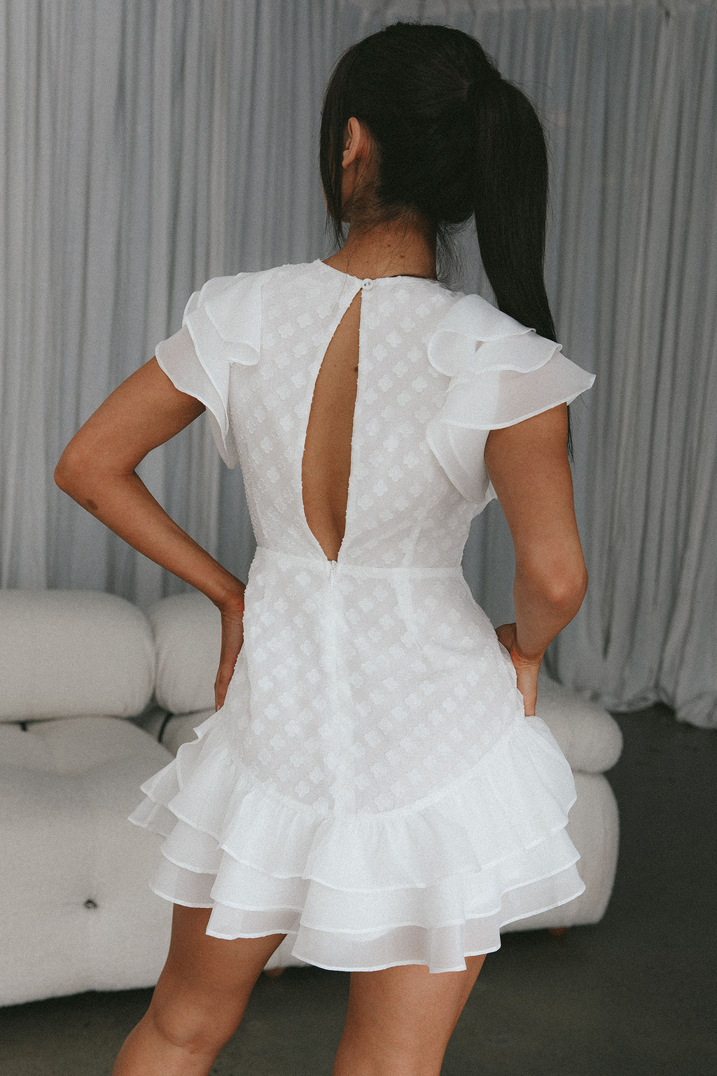Destined To Be Ruffle Mini Dress Textured White by Selfie Leslie Australia