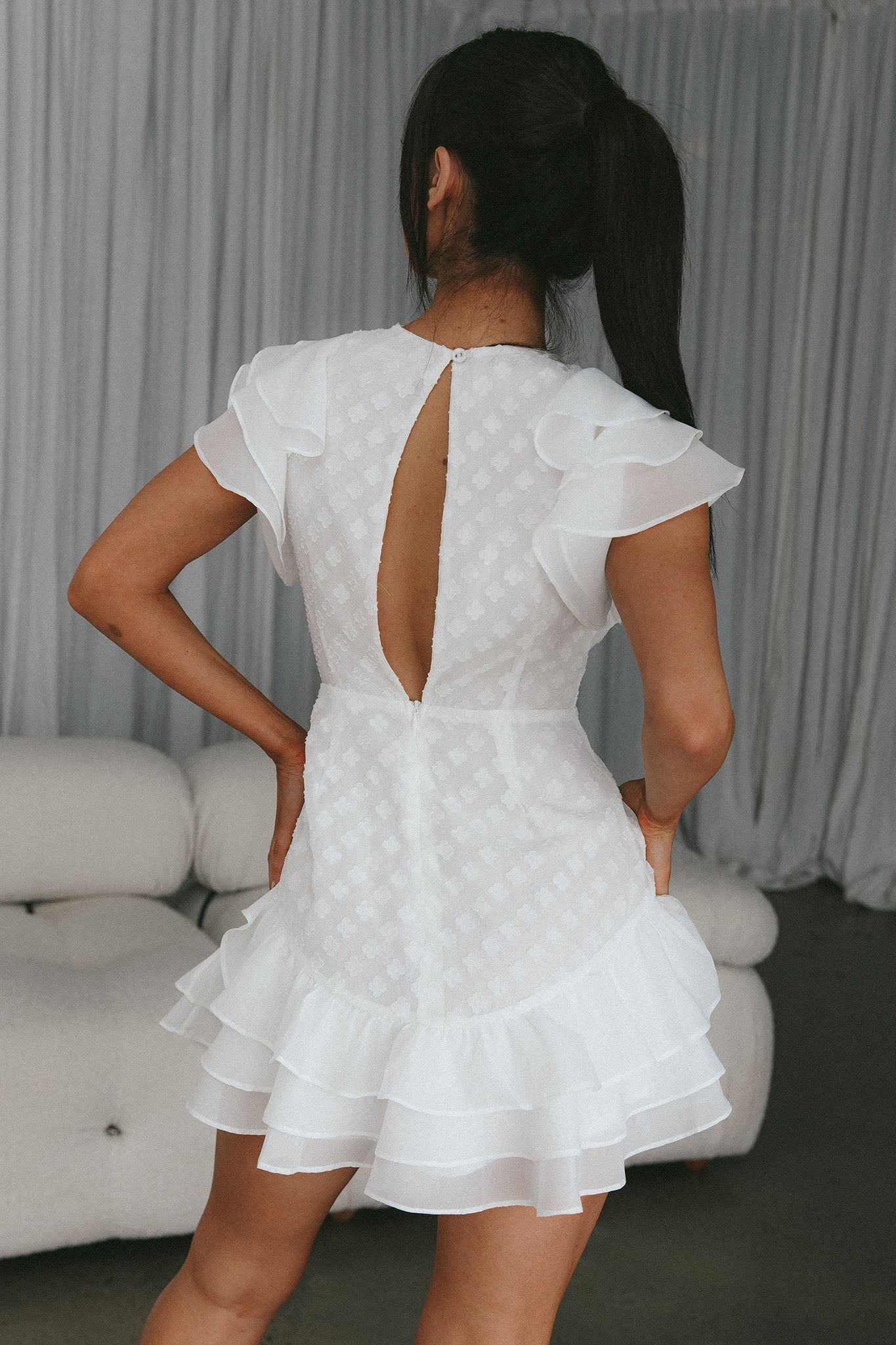 Destined To Be Ruffle Mini Dress Textured White by Selfie Leslie Australia