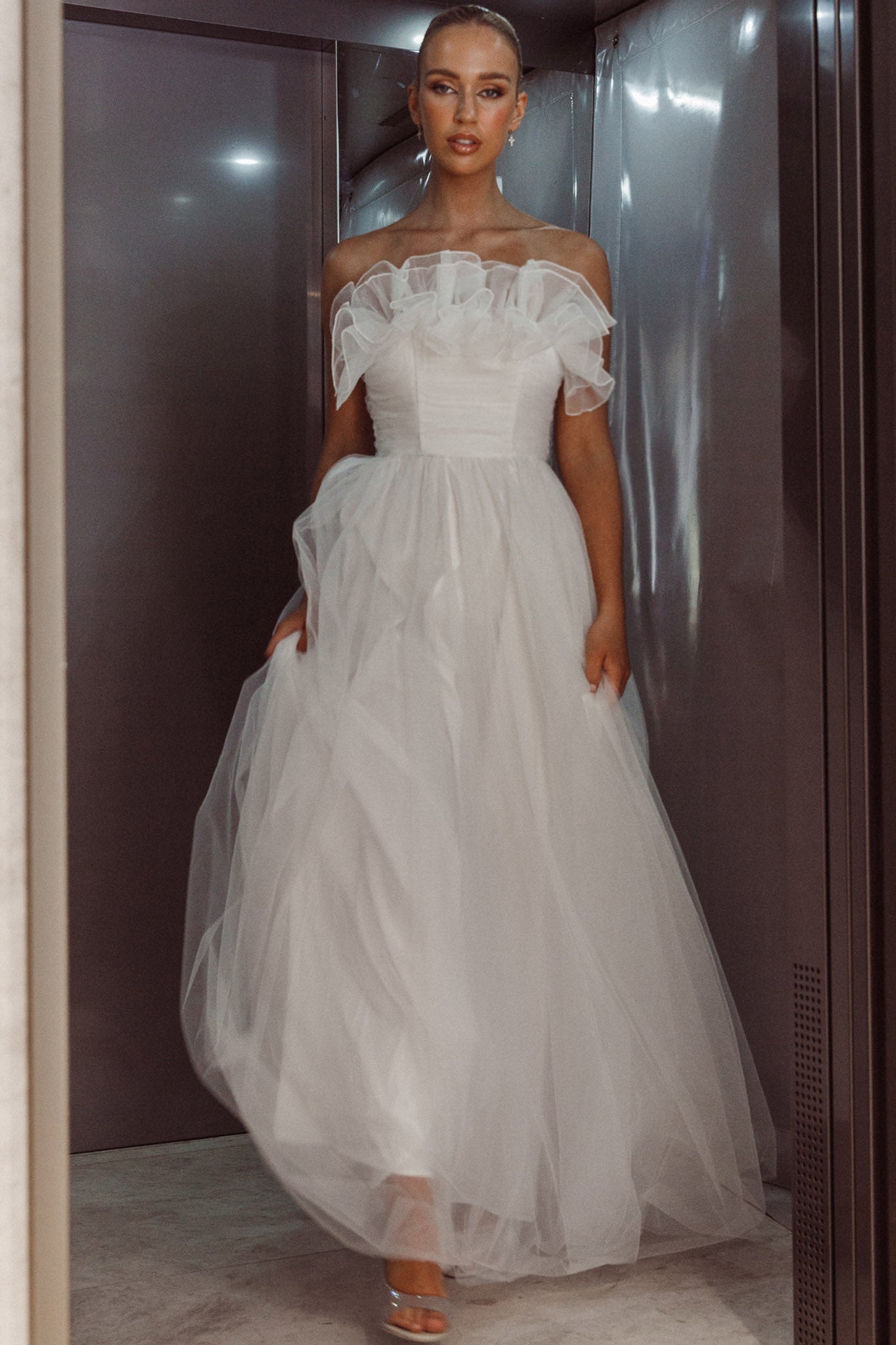 Marietha Organza Frill Maxi Dress White by Selfie Leslie Australia