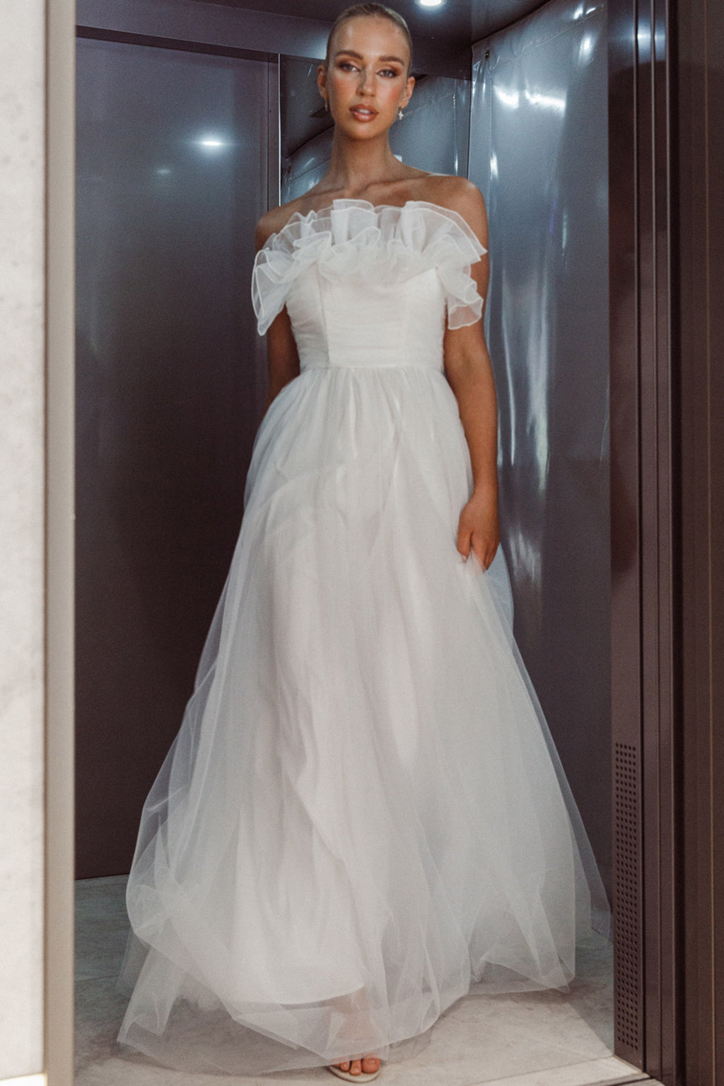 Marietha Organza Frill Maxi Dress White by Selfie Leslie Australia
