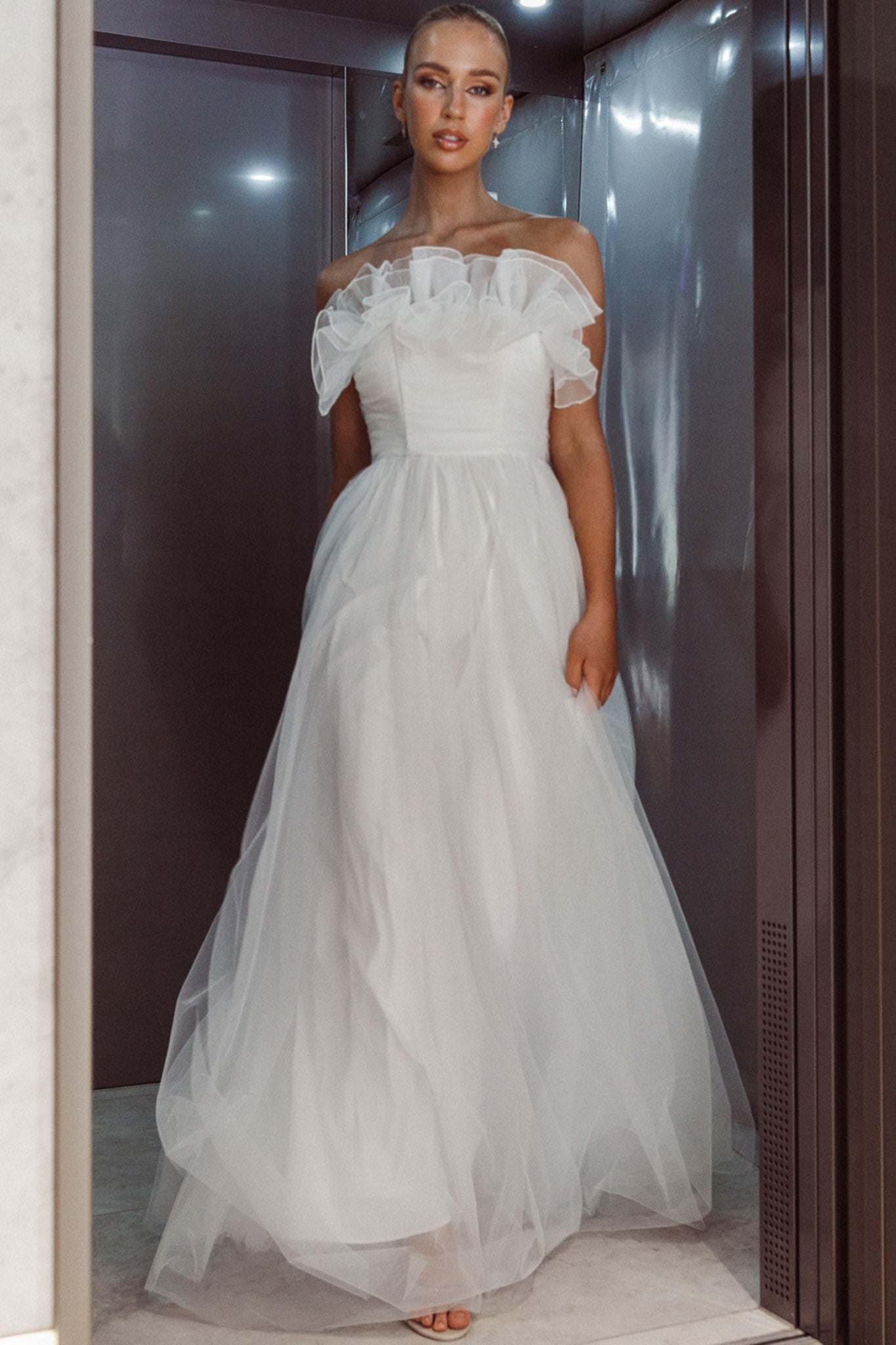 Marietha Organza Frill Maxi Dress White by Selfie Leslie Australia