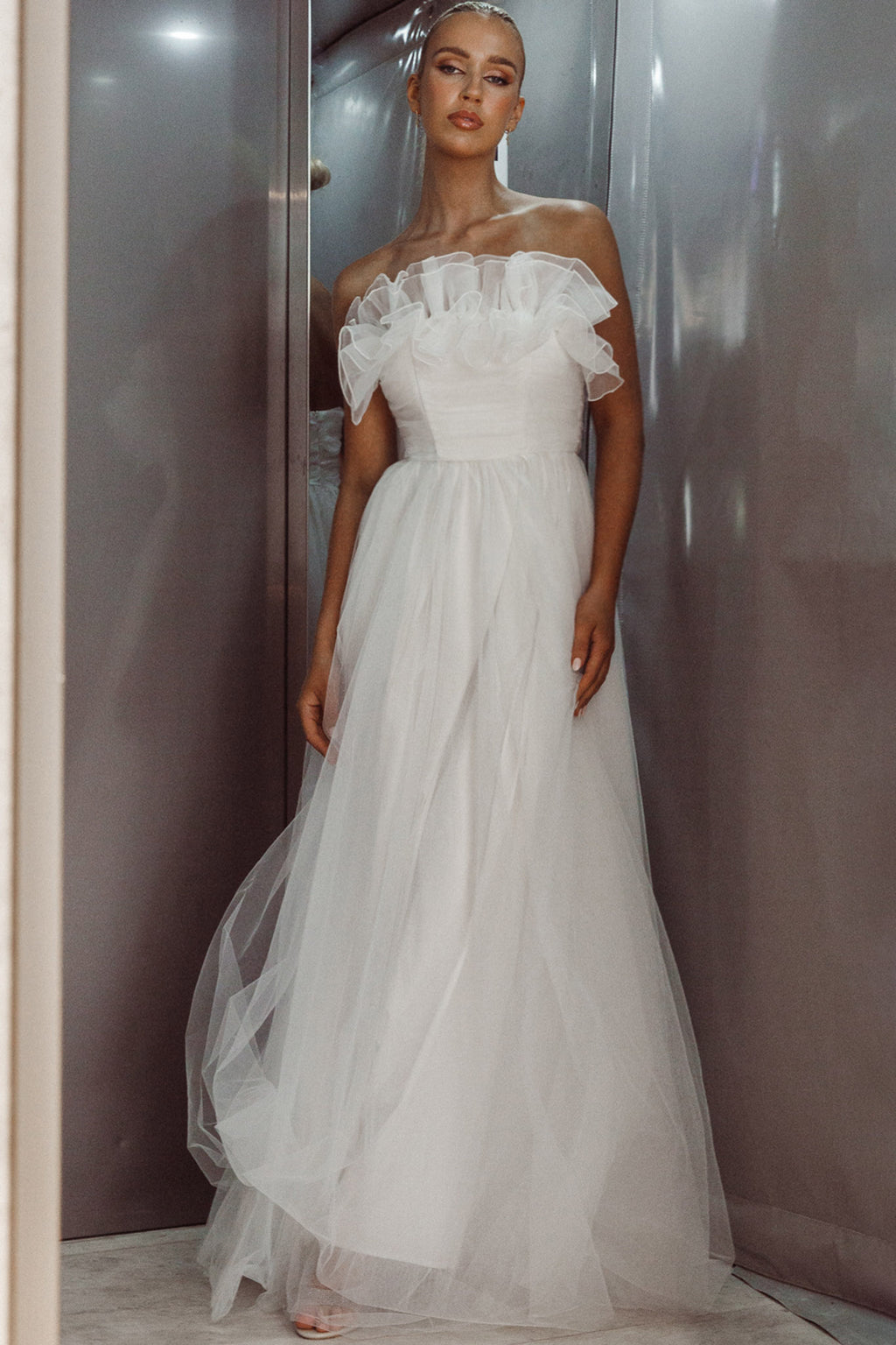 Marietha Organza Frill Maxi Dress White by Selfie Leslie Australia