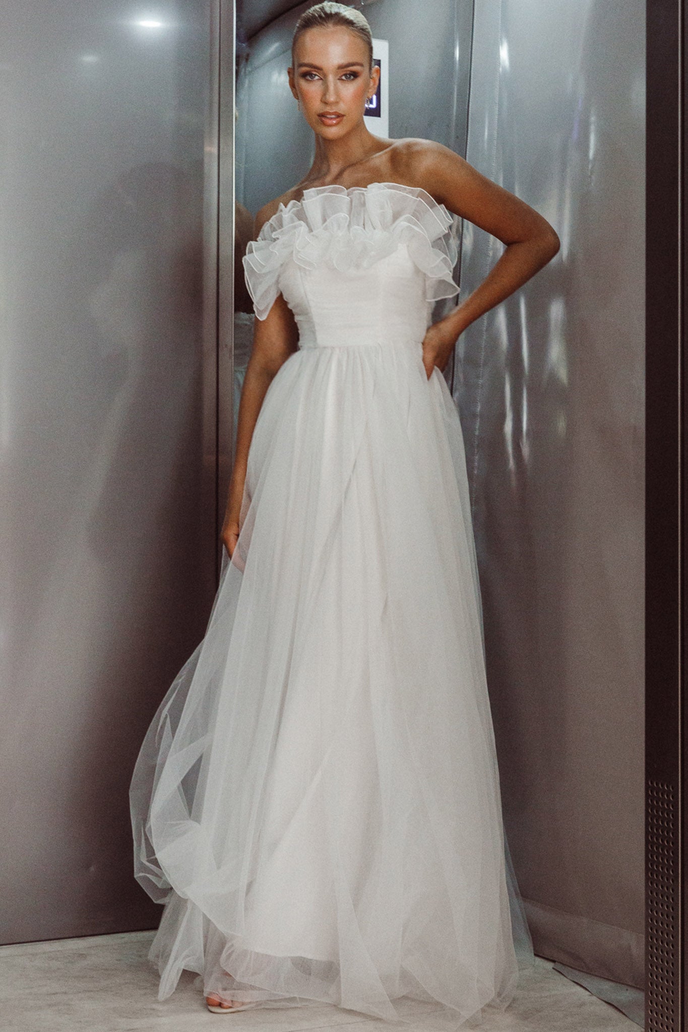 Marietha Organza Frill Maxi Dress White by Selfie Leslie Australia
