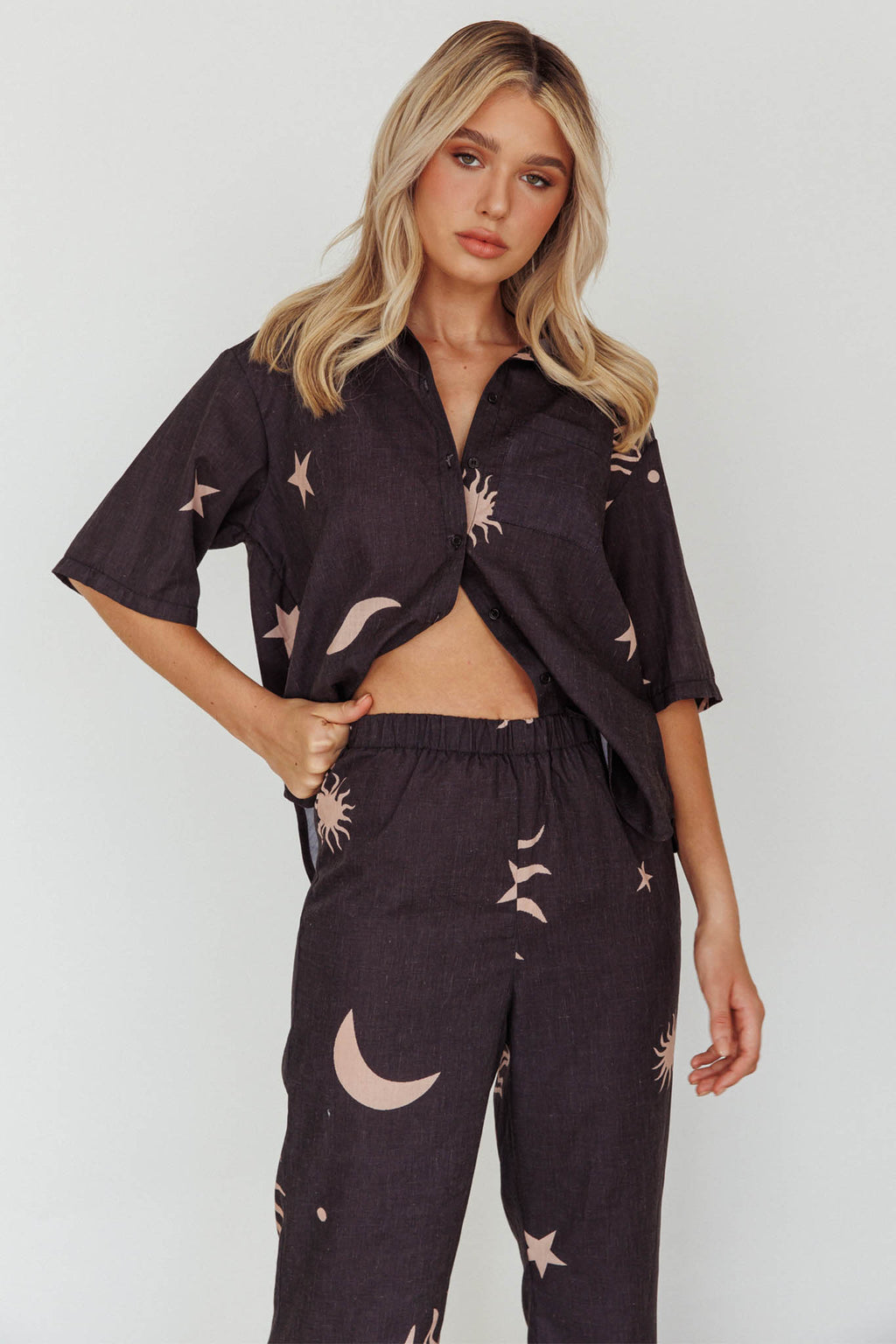 Just A Hunch Button Shirt Sun Moon Black by Selfie Leslie Australia