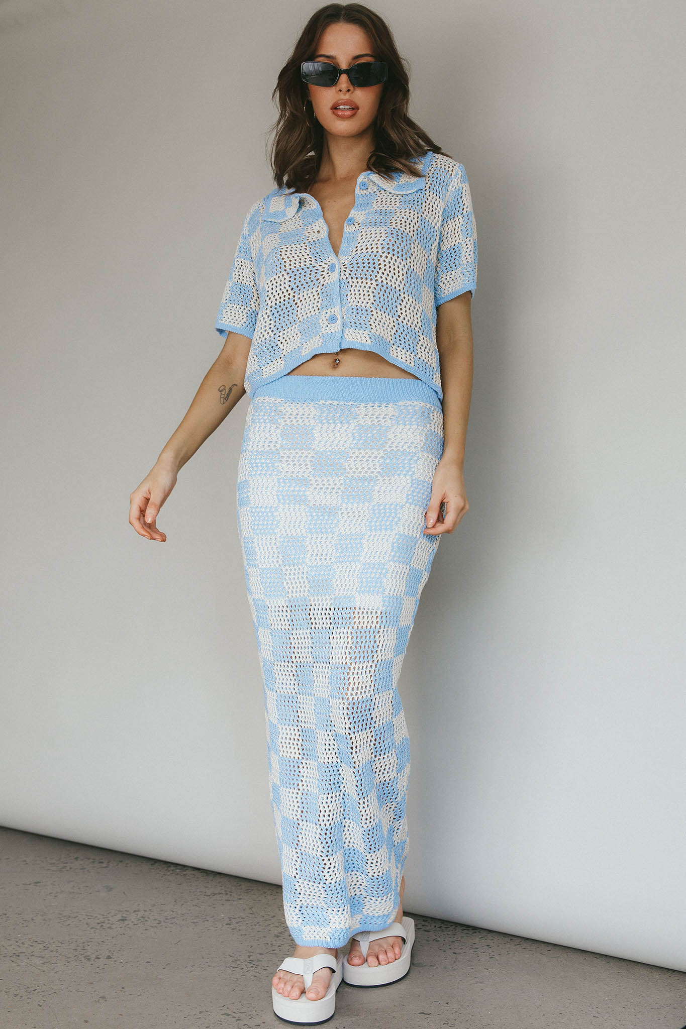 Byron Bay Crochet Buttoned Top Blue by Selfie Leslie Australia