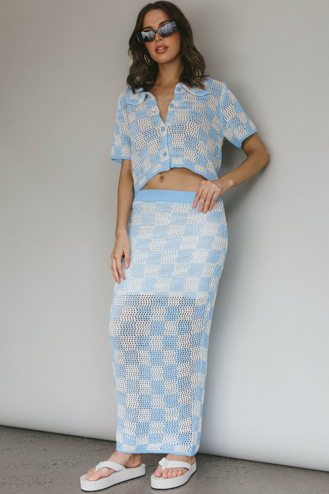 Byron Bay Crochet Buttoned Top Blue by Selfie Leslie Australia