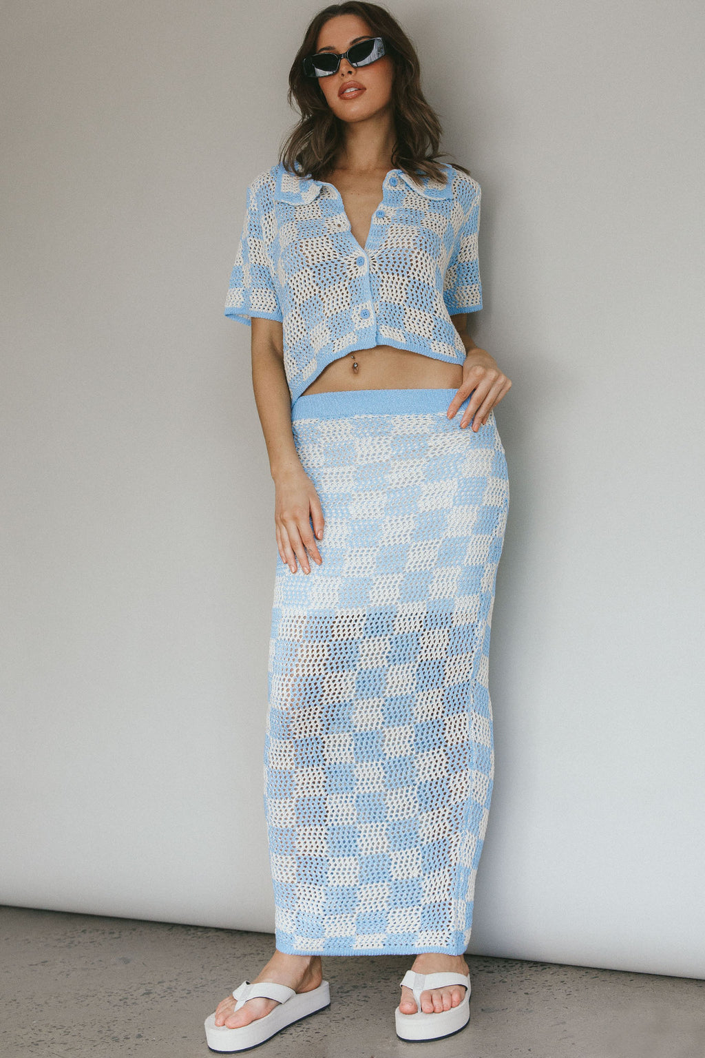 Byron Bay Crochet Buttoned Top Blue by Selfie Leslie Australia