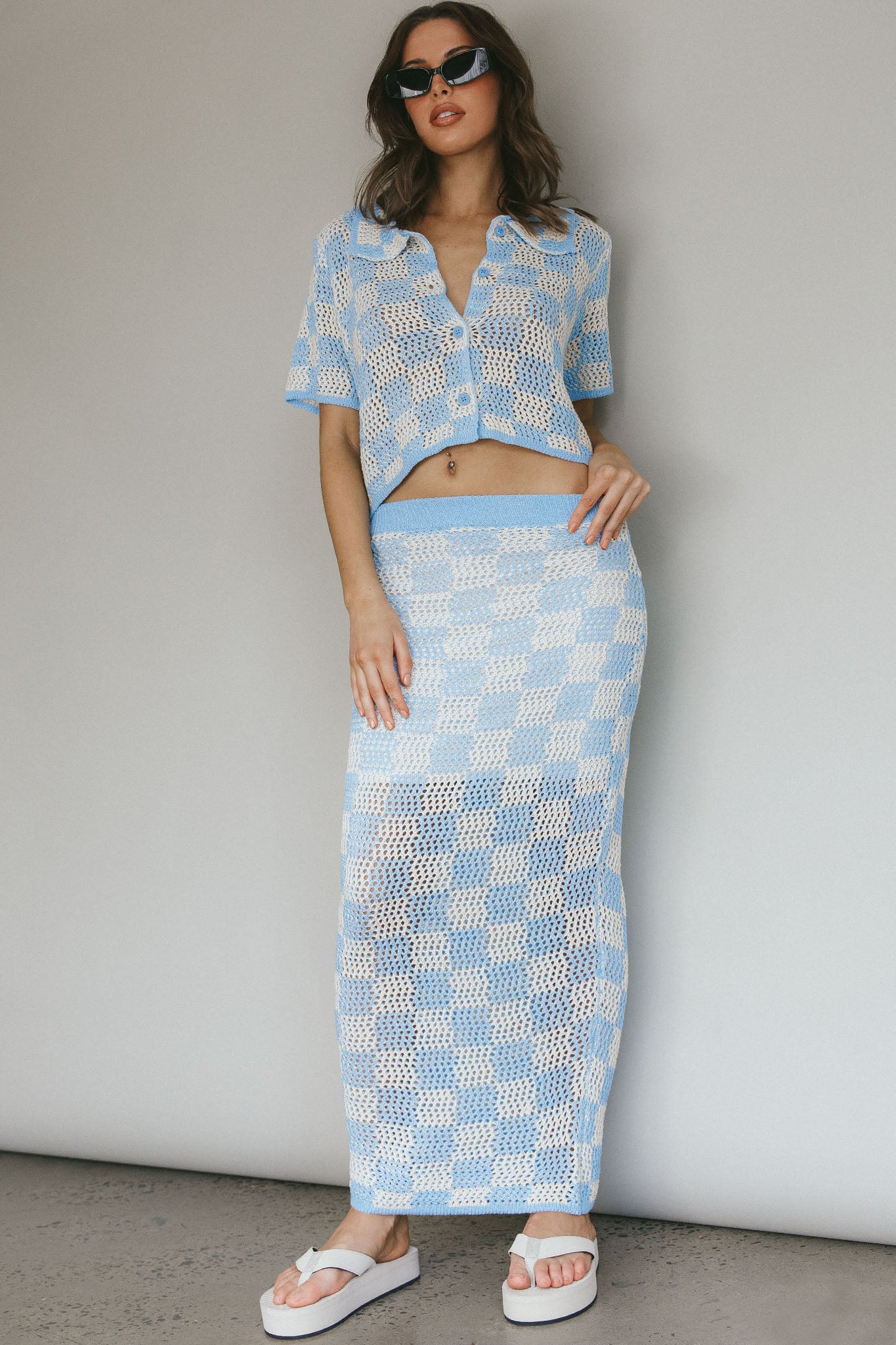 Byron Bay Crochet Buttoned Top Blue by Selfie Leslie Australia