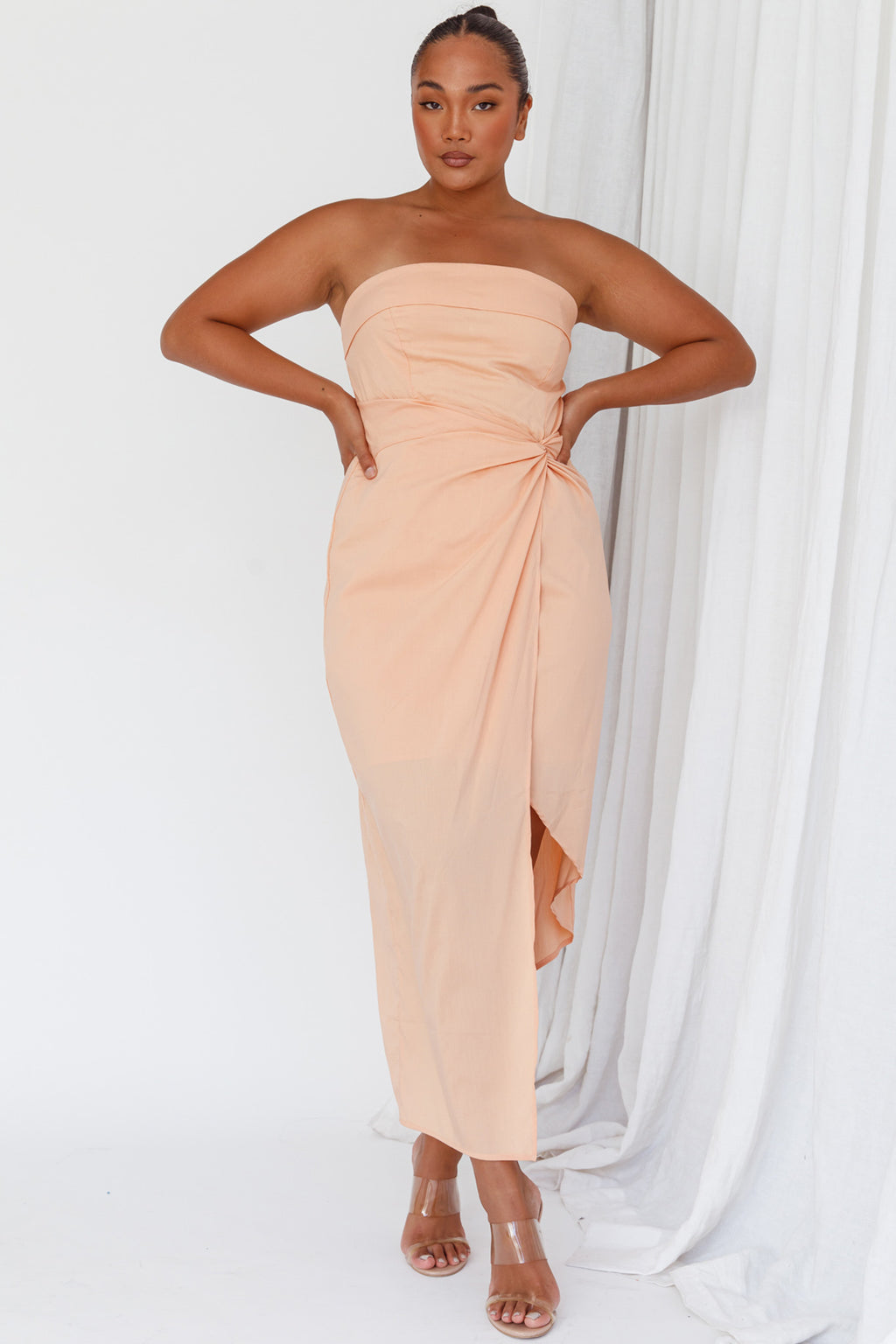Last Looks Strapless Wrap Midi Dress Peach by Selfie Leslie Australia