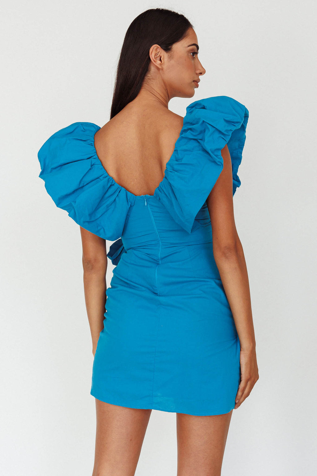 Kahlo Puffed Ruffle Neckline Mini Dress Blue by Selfie Leslie Australia