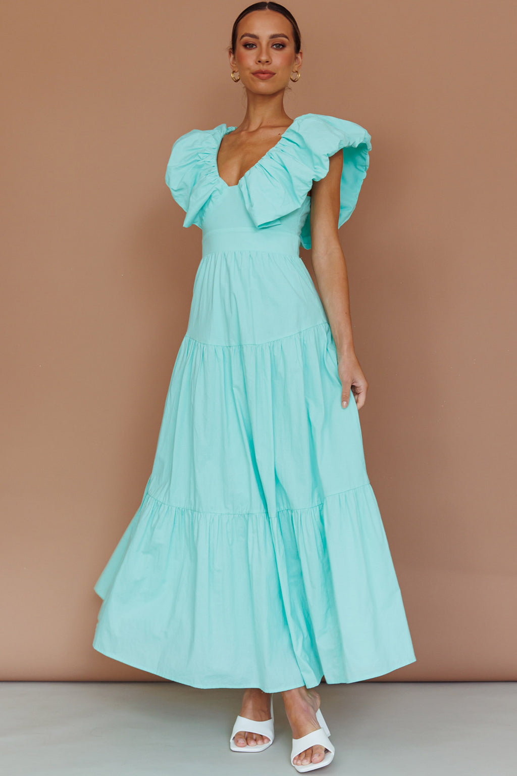 Kahlo Puffed Ruffle Neckline Maxi Dress Mint by Selfie Leslie Australia
