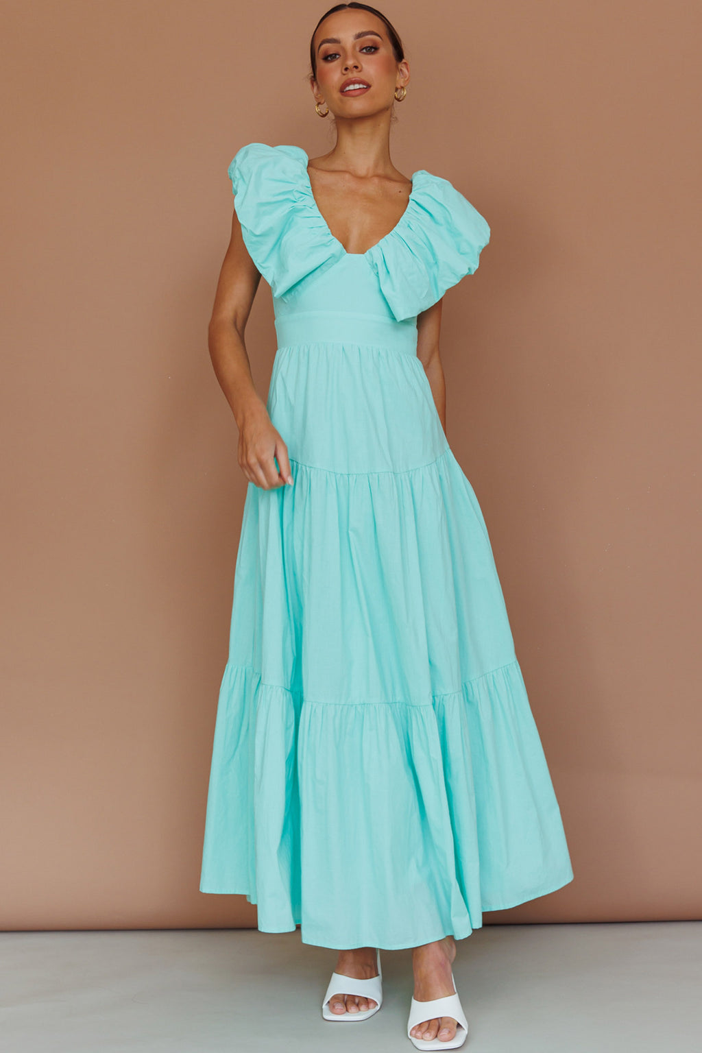 Kahlo Puffed Ruffle Neckline Maxi Dress Mint by Selfie Leslie Australia
