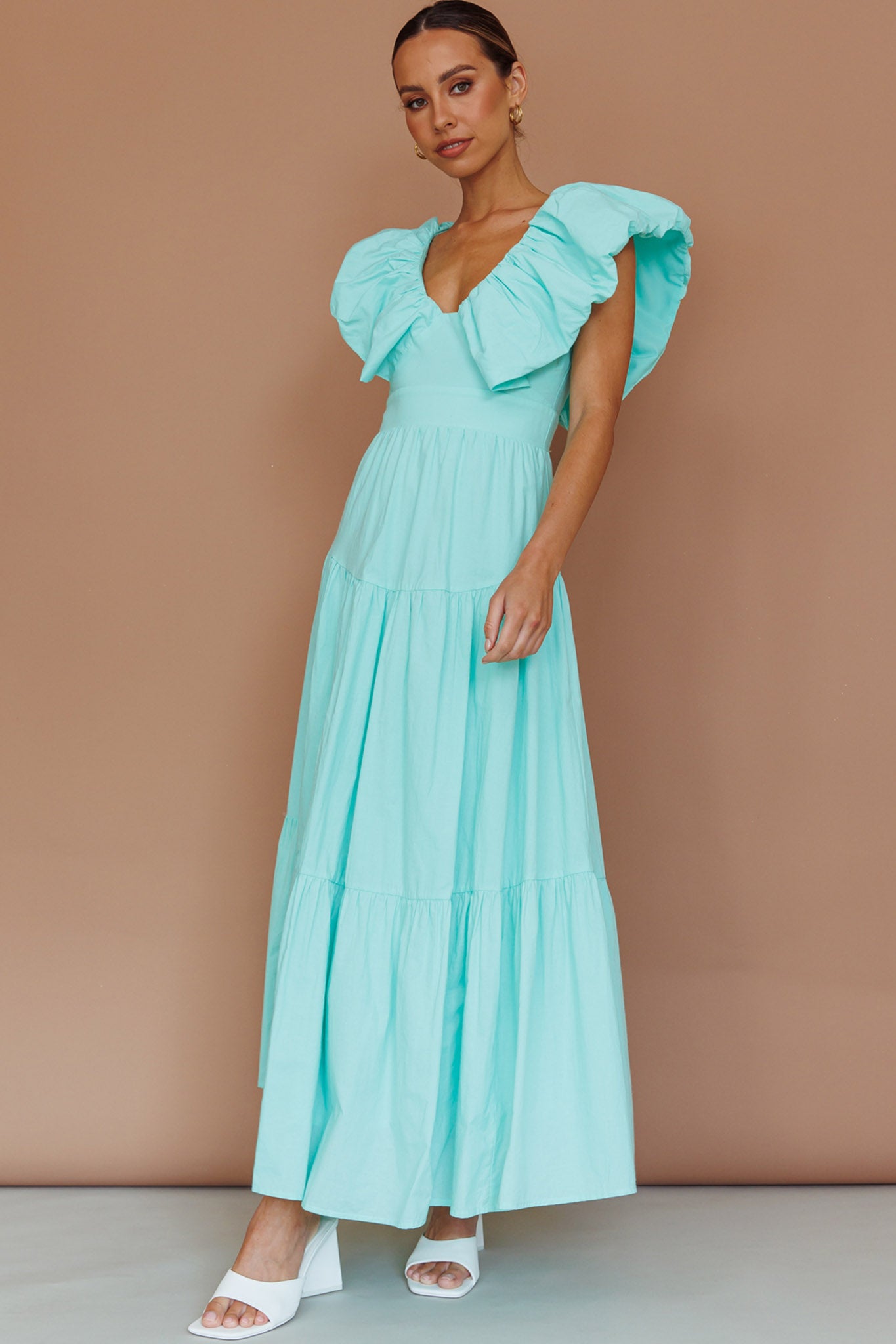 Kahlo Puffed Ruffle Neckline Maxi Dress Mint by Selfie Leslie Australia
