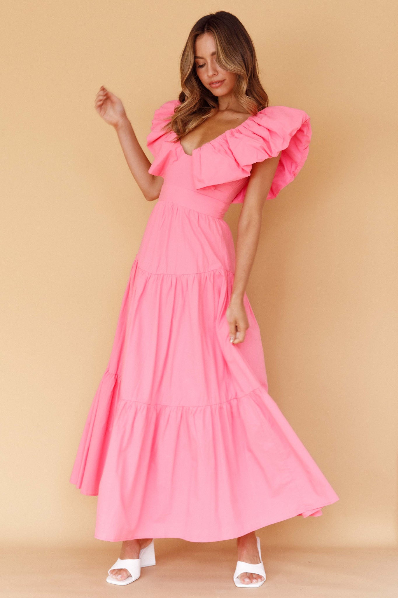 Kahlo Puffed Ruffle Neckline Maxi Dress Soft Pink by Selfie Leslie Australia