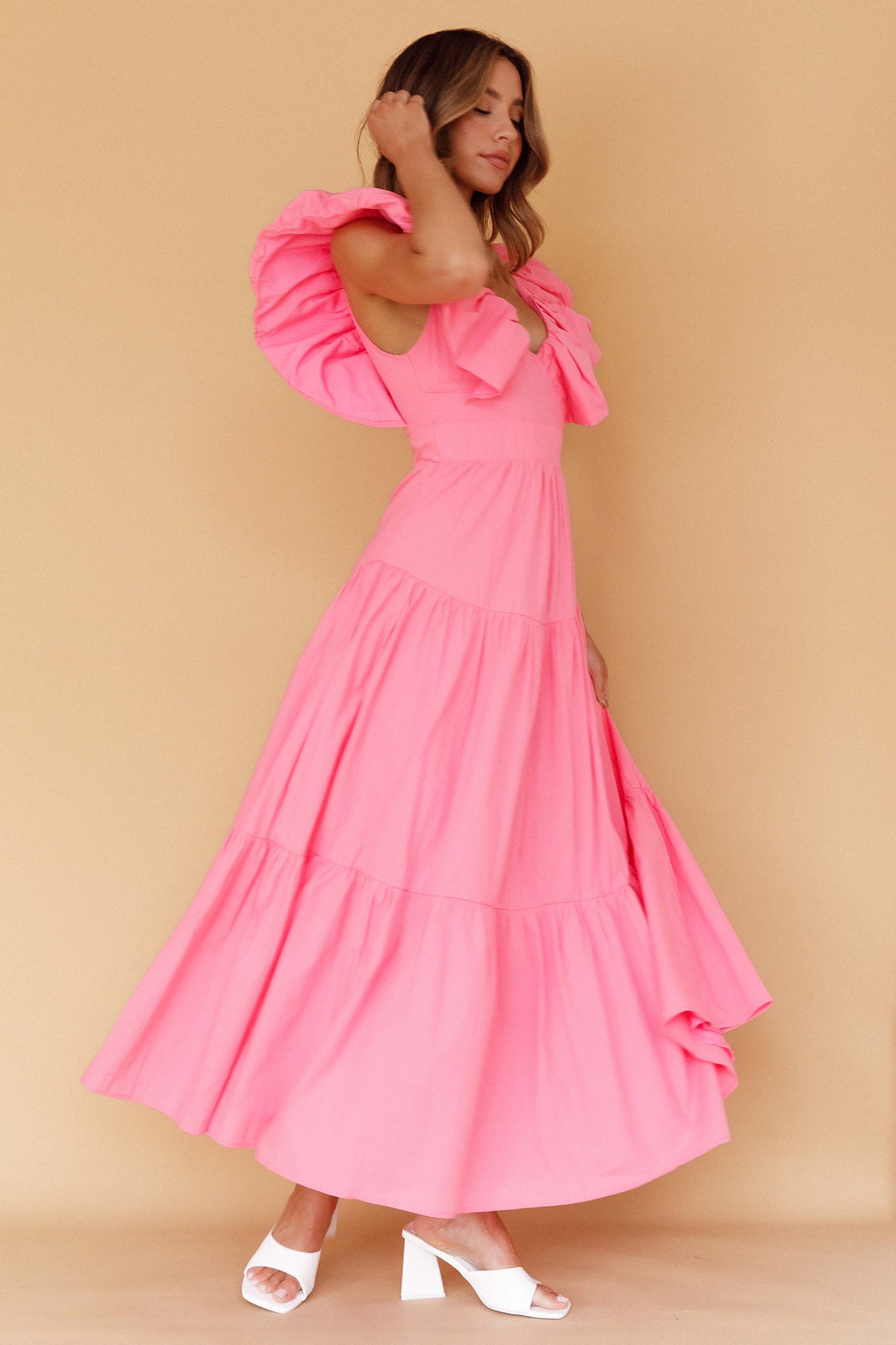 Kahlo Puffed Ruffle Neckline Maxi Dress Soft Pink by Selfie Leslie Australia