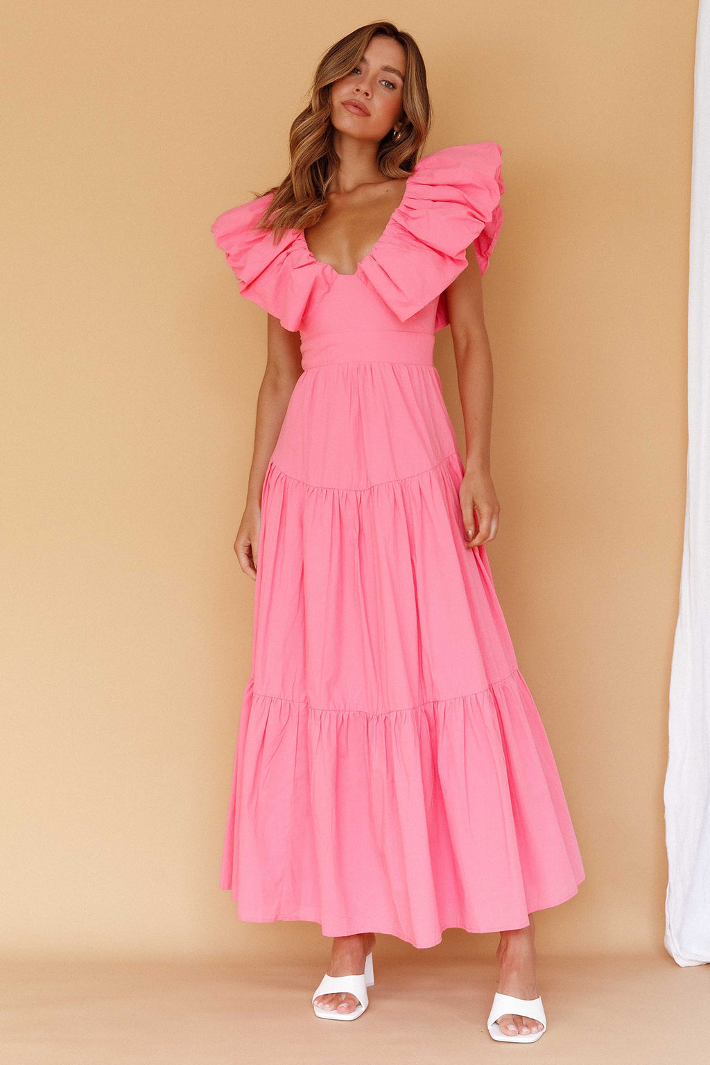 Kahlo Puffed Ruffle Neckline Maxi Dress Soft Pink by Selfie Leslie Australia