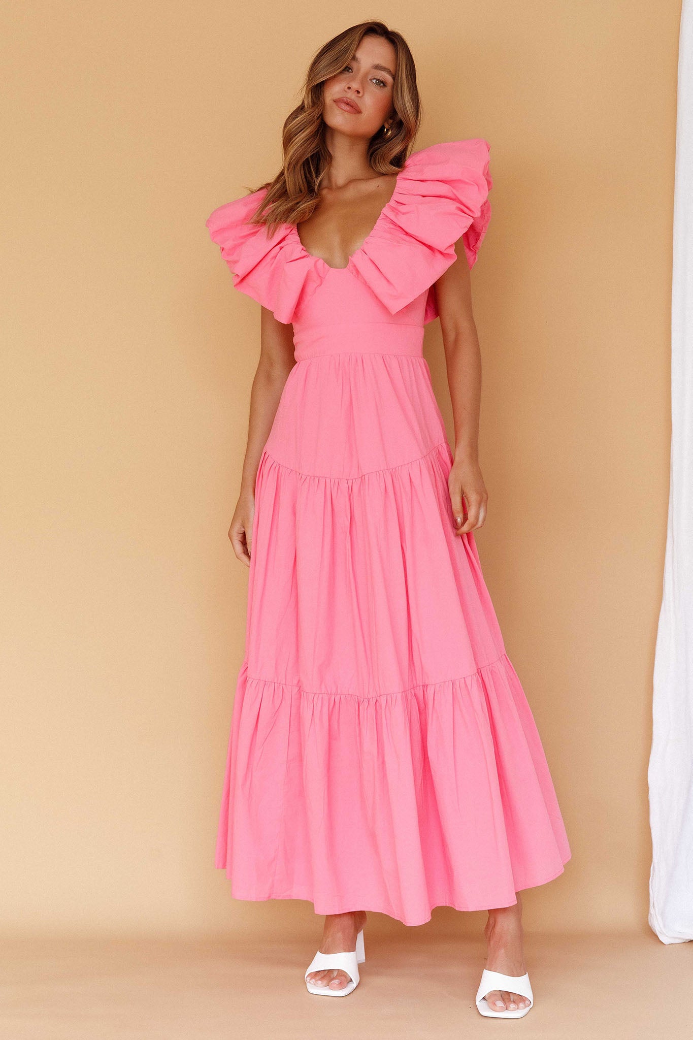 Kahlo Puffed Ruffle Neckline Maxi Dress Soft Pink by Selfie Leslie Australia