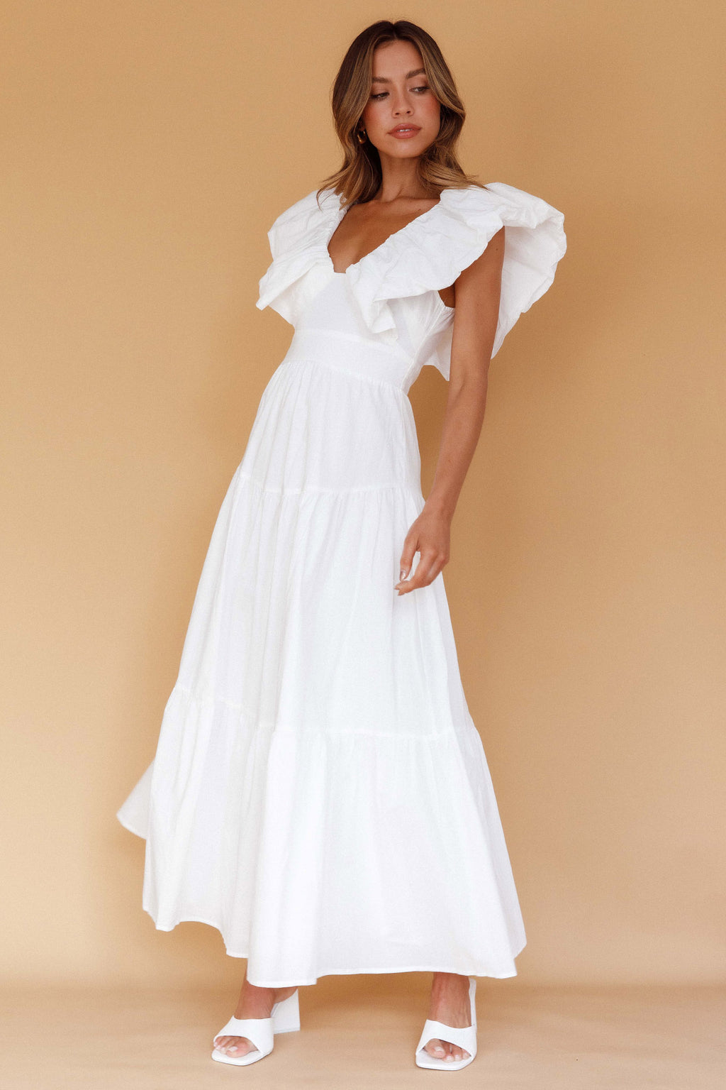 Kahlo Puffed Ruffle Neckline Maxi Dress White by Selfie Leslie Australia