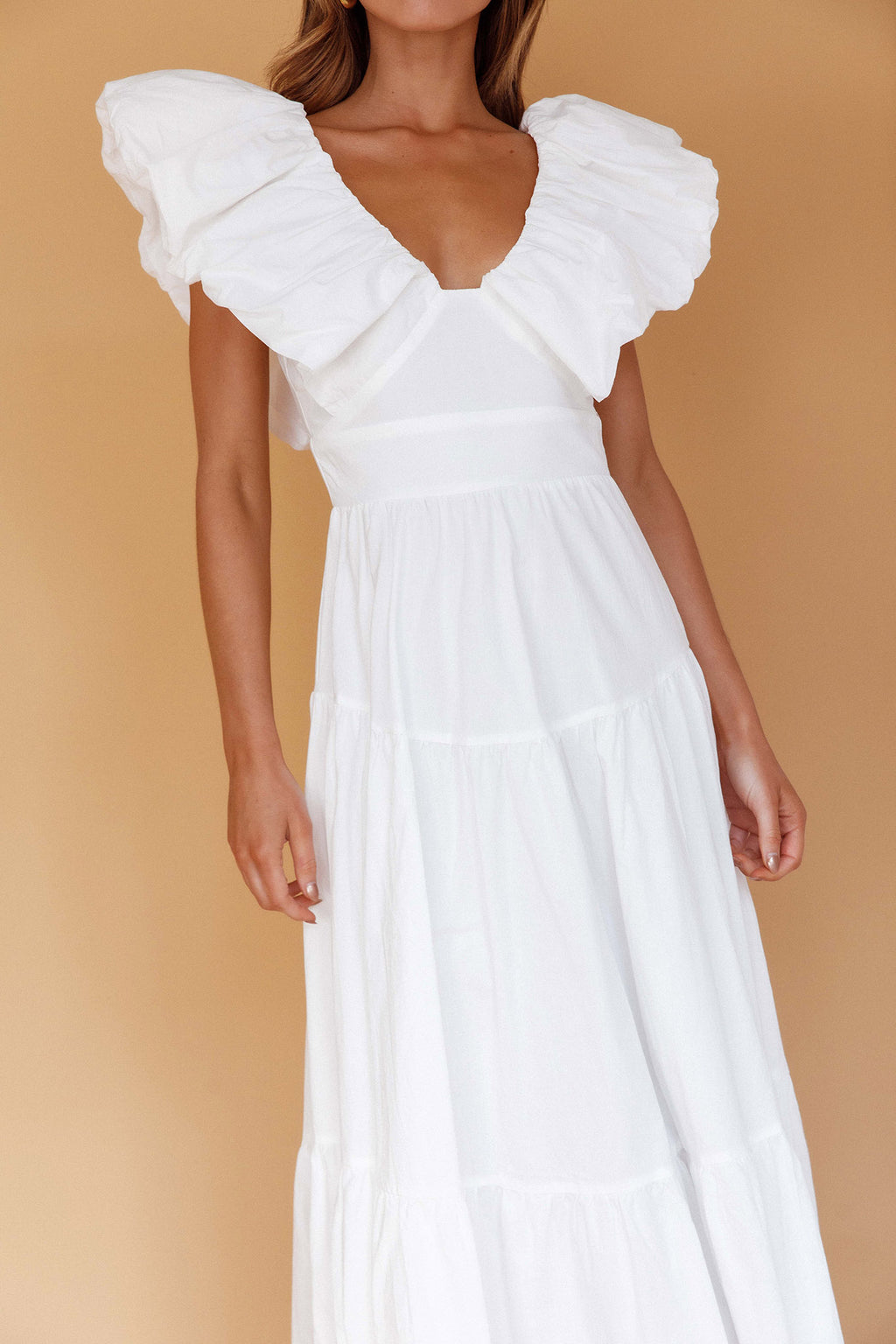 Kahlo Puffed Ruffle Neckline Maxi Dress White by Selfie Leslie Australia
