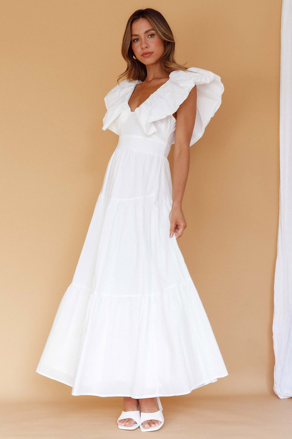 Kahlo Puffed Ruffle Neckline Maxi Dress White by Selfie Leslie Australia