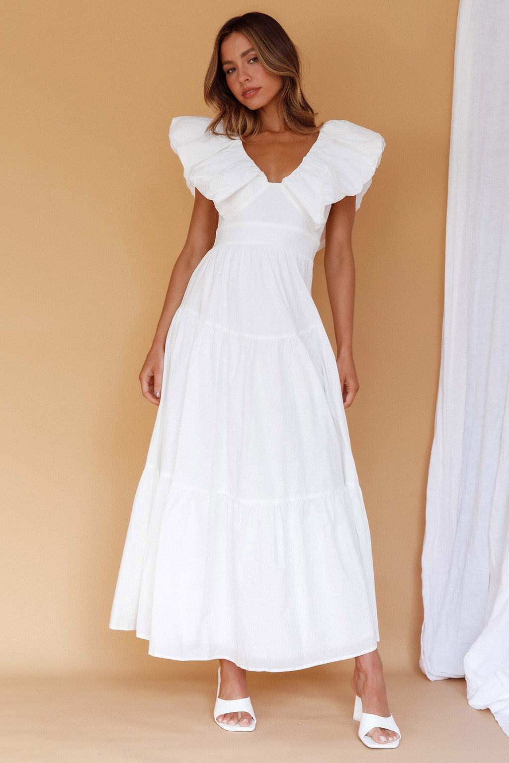 Kahlo Puffed Ruffle Neckline Maxi Dress White by Selfie Leslie Australia