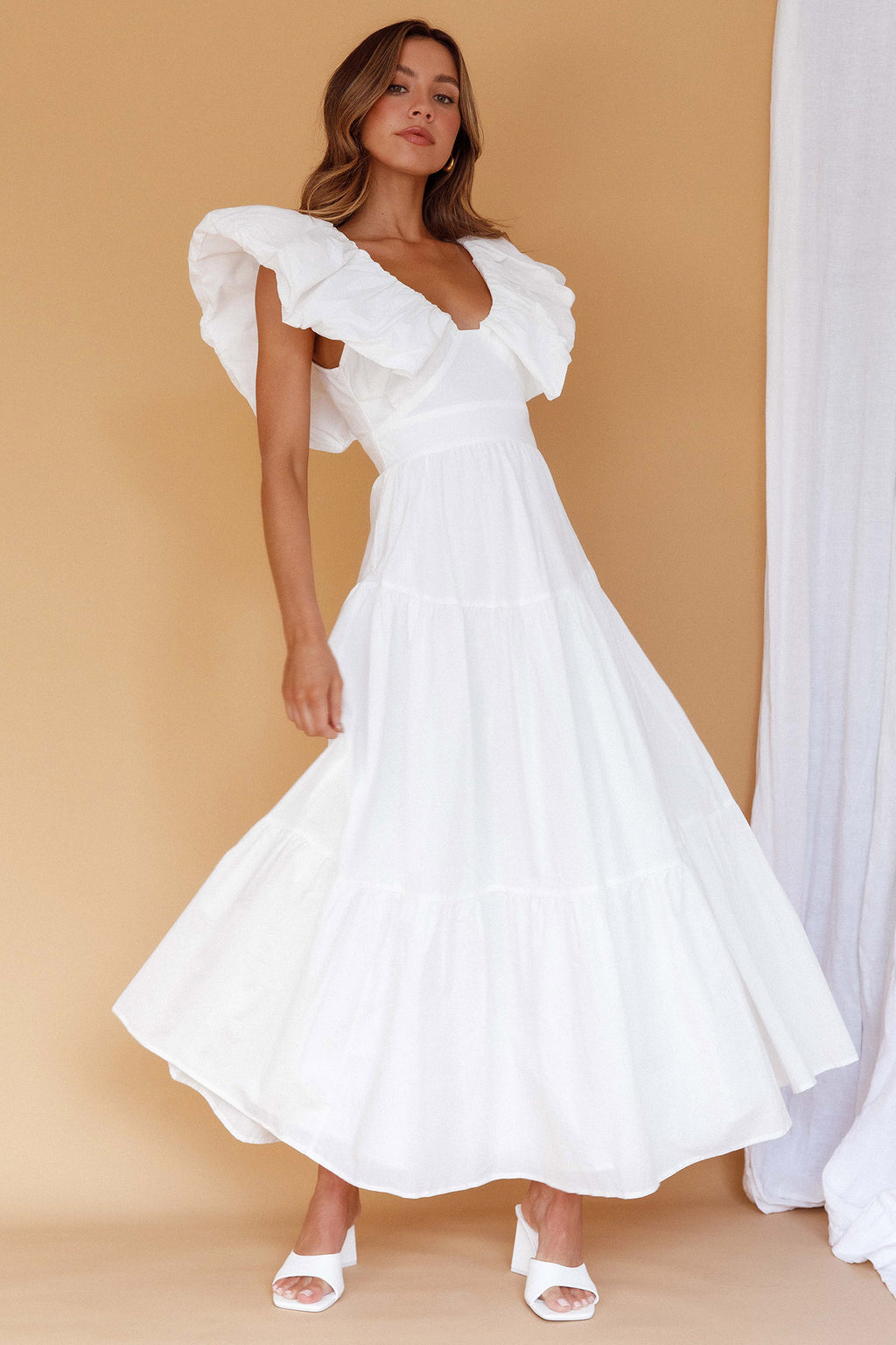 Kahlo Puffed Ruffle Neckline Maxi Dress White by Selfie Leslie Australia