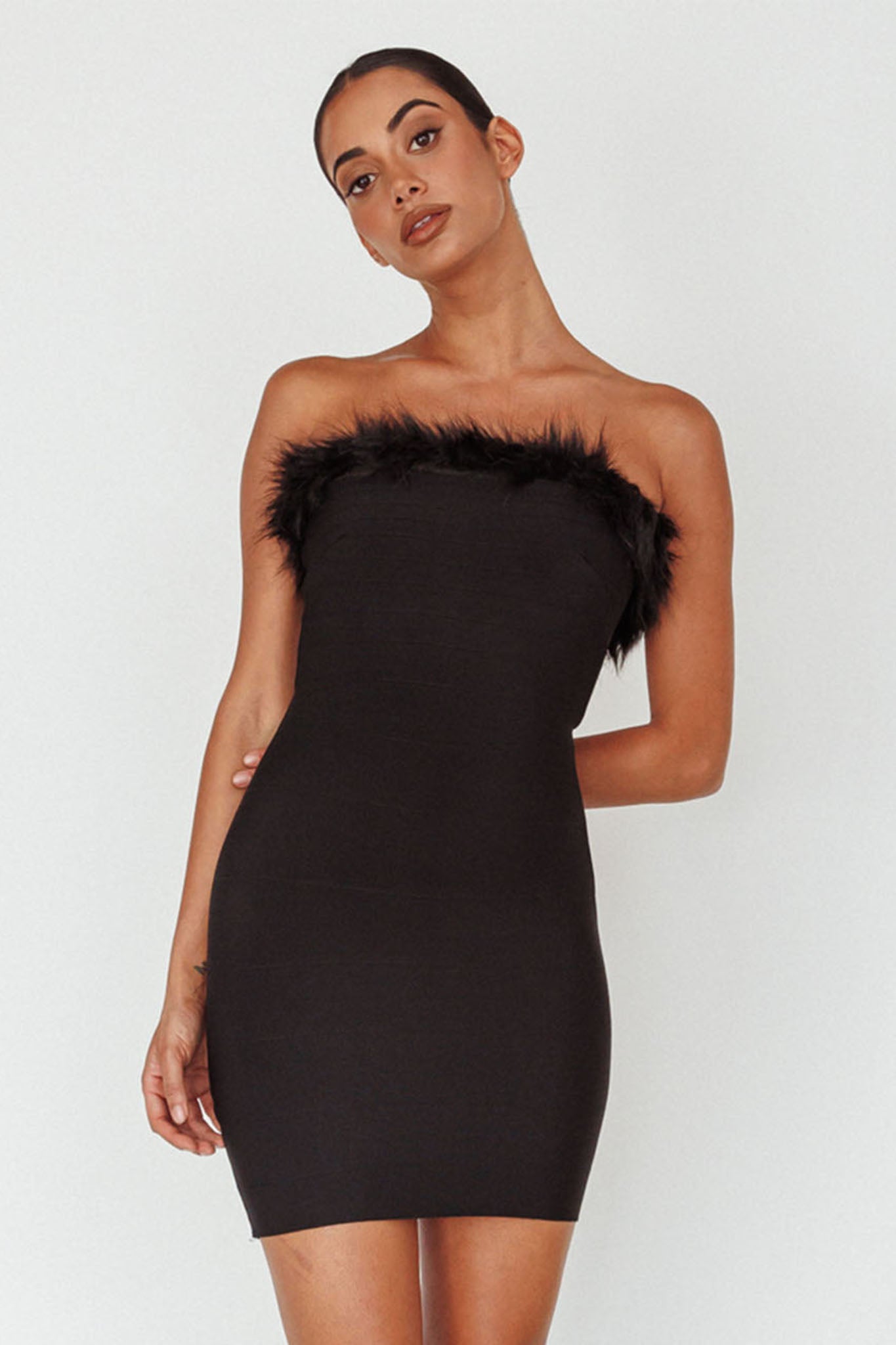 Cherri Fur Trim Mini Dress Electric Black by Selfie Leslie Australia