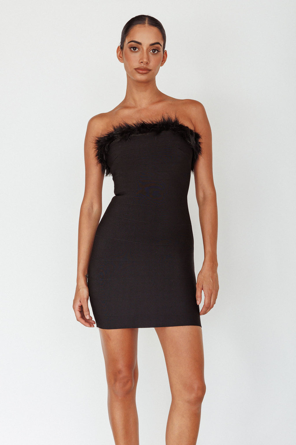 Cherri Fur Trim Mini Dress Electric Black by Selfie Leslie Australia