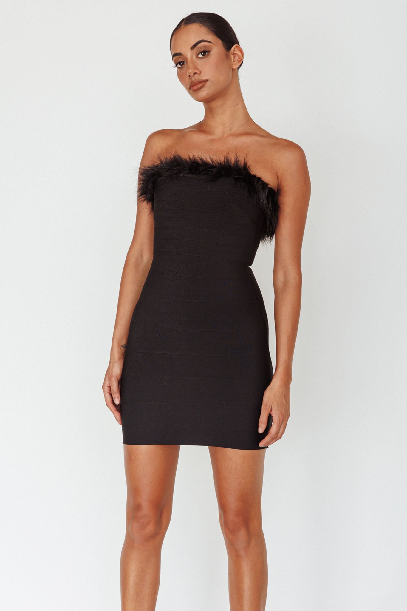 Cherri Fur Trim Mini Dress Electric Black by Selfie Leslie Australia