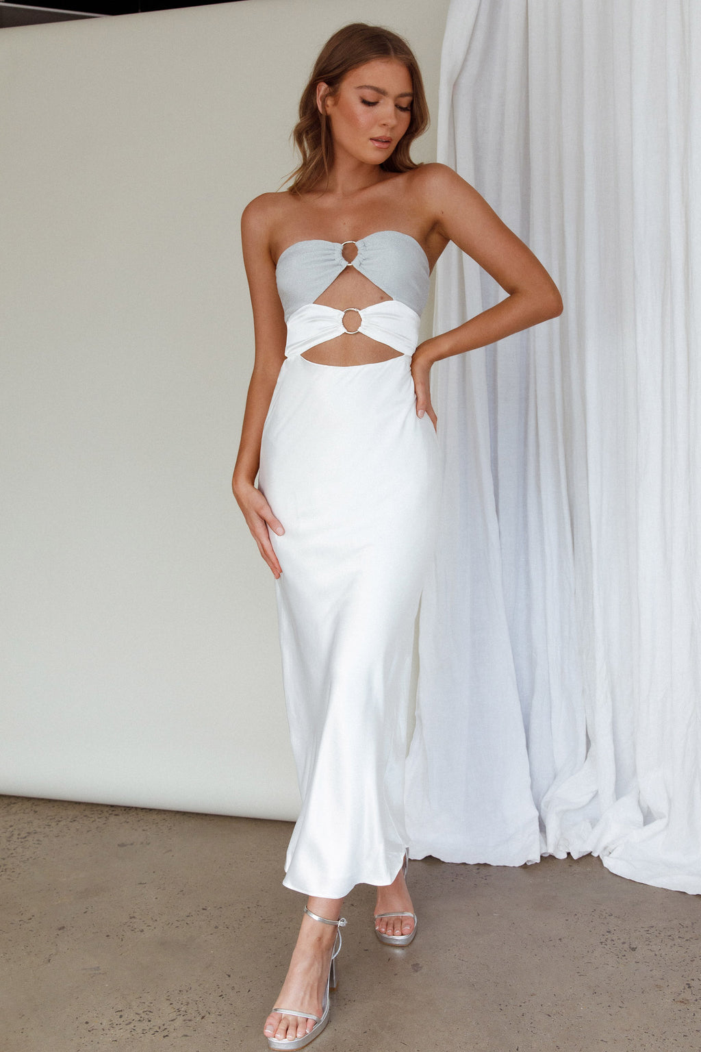 L'Amore Cut-Out Bodice Midi Dress Silver/White by Selfie Leslie Australia