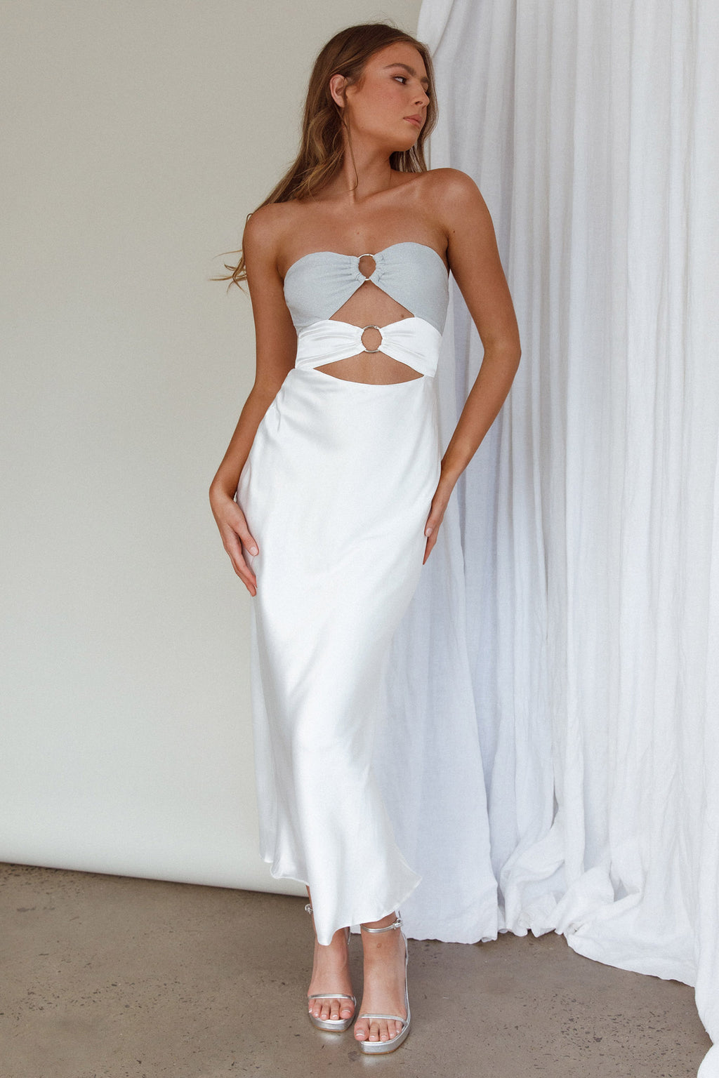L'Amore Cut-Out Bodice Midi Dress Silver/White by Selfie Leslie Australia