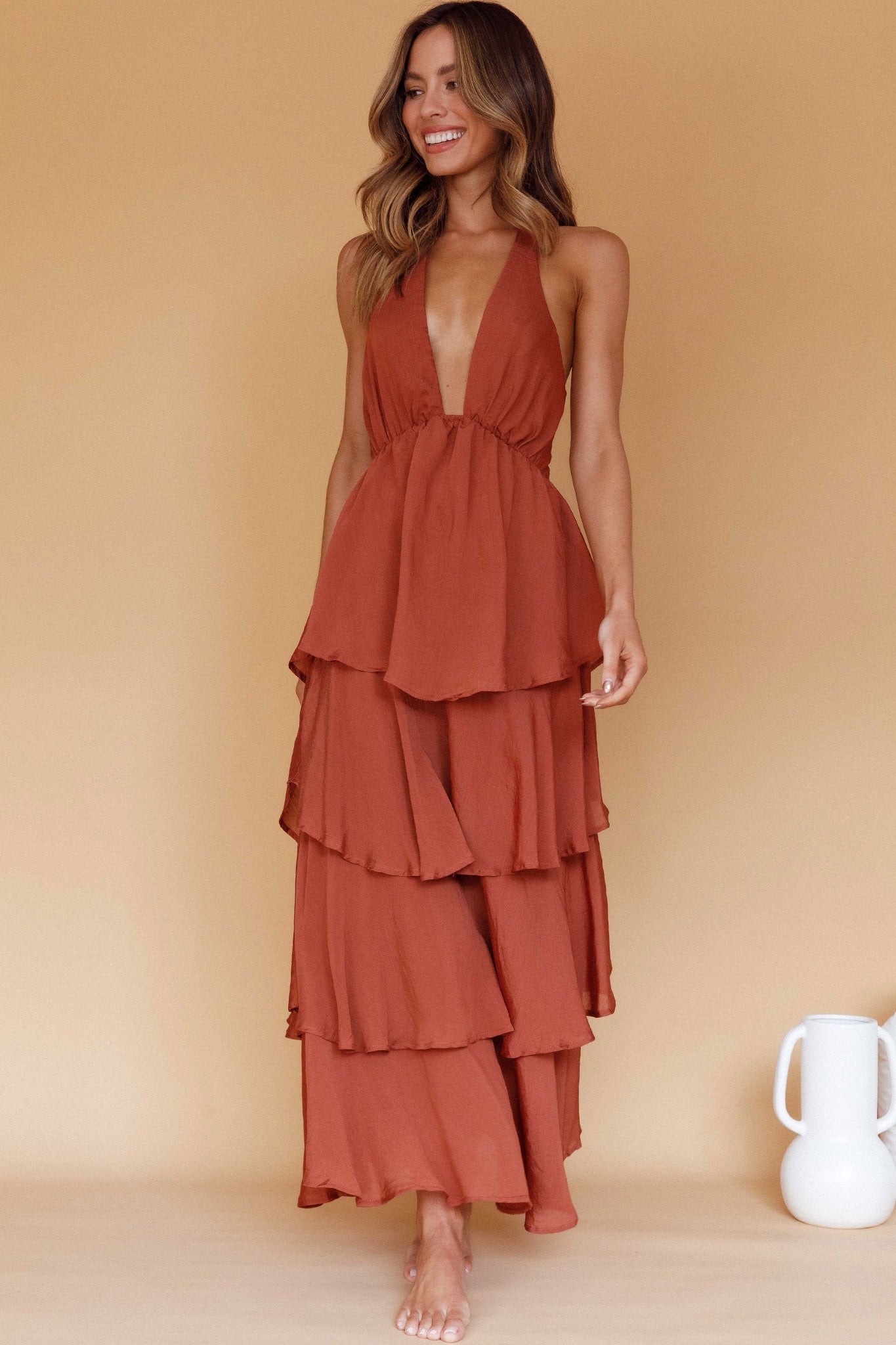 Catalina Tiered Ruffle Maxi Dress Cocoa by Selfie Leslie Australia