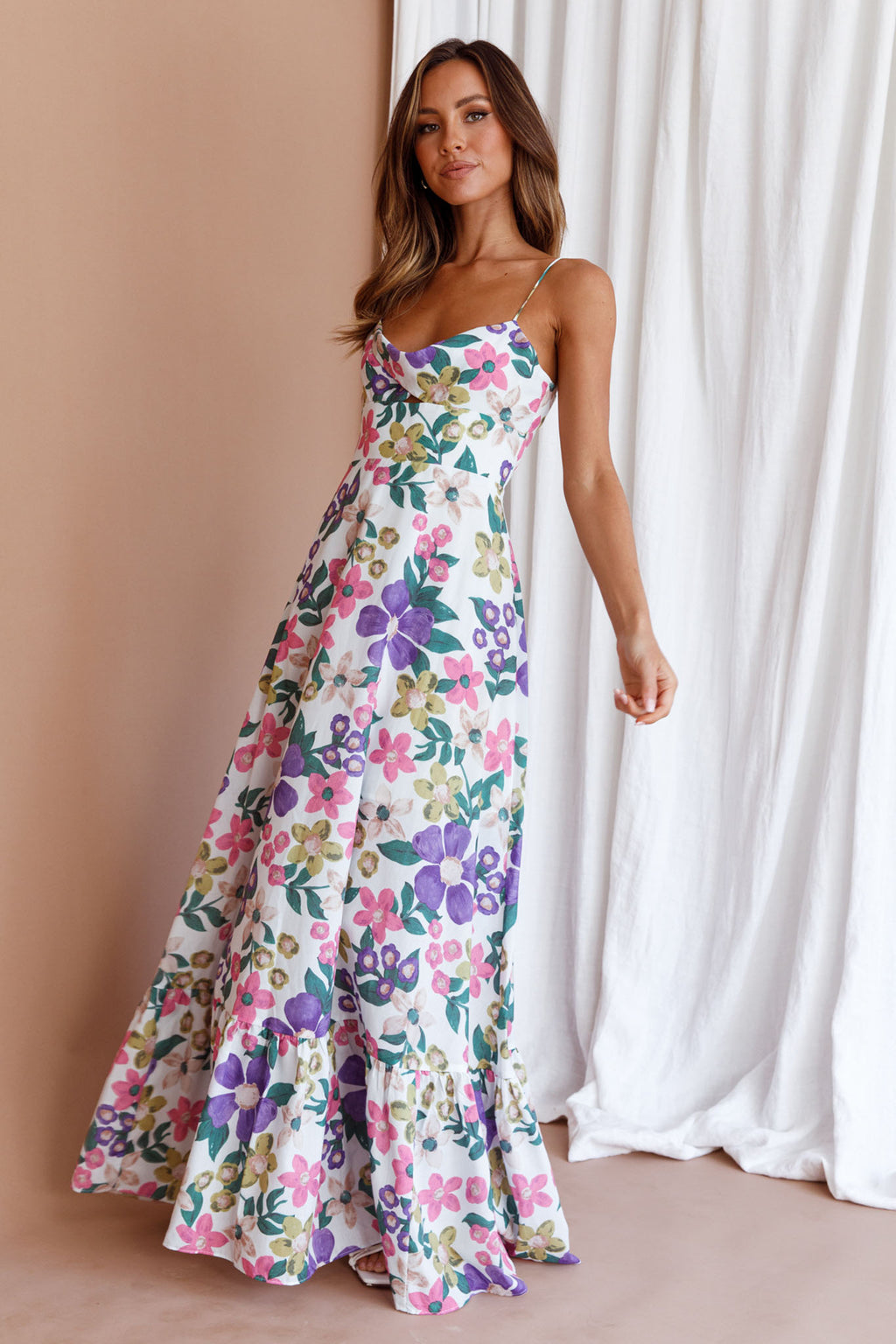Beachside Flounce Hem Maxi Dress White Floral by Selfie Leslie Australia