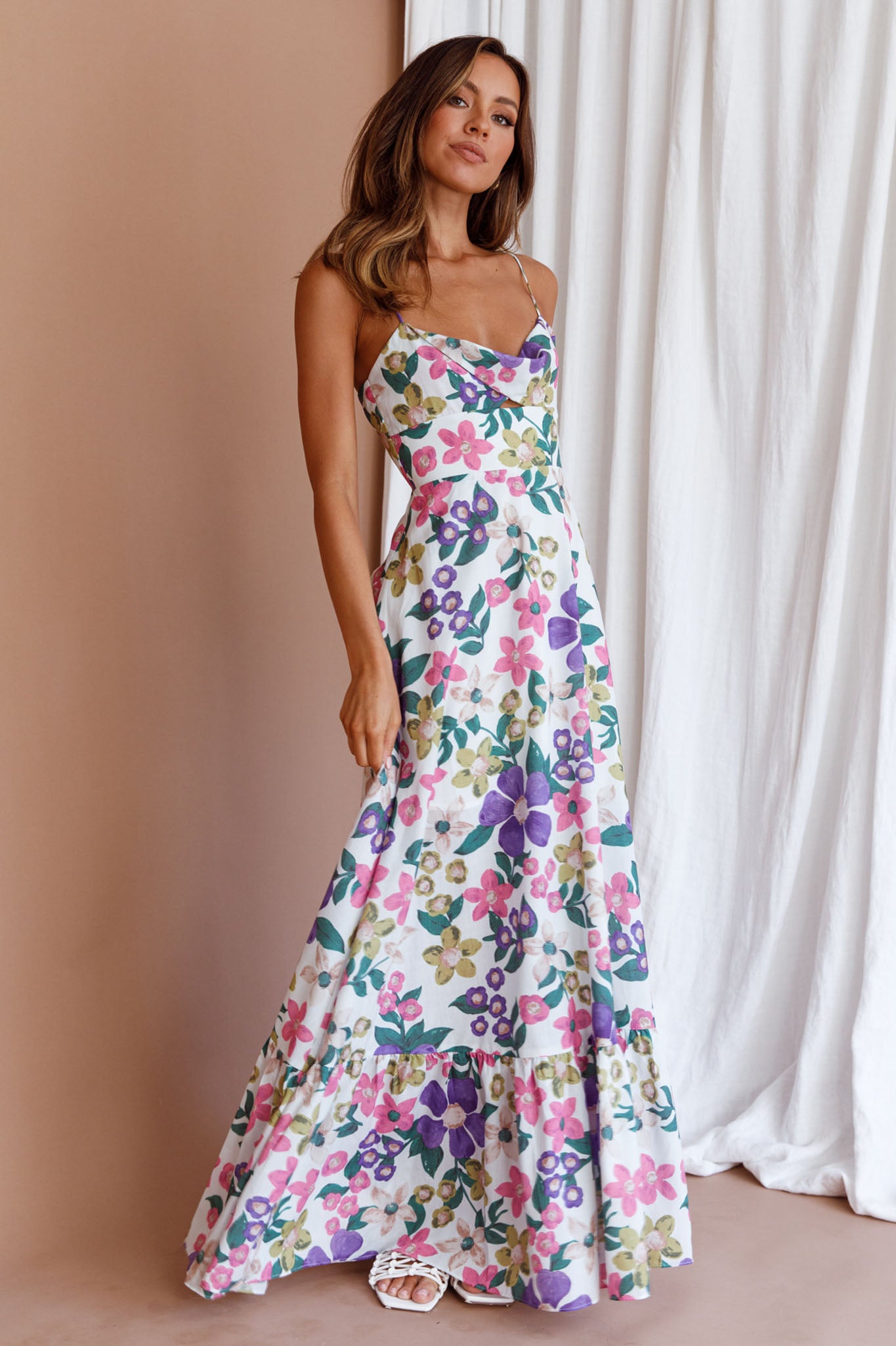 Beachside Flounce Hem Maxi Dress White Floral by Selfie Leslie Australia