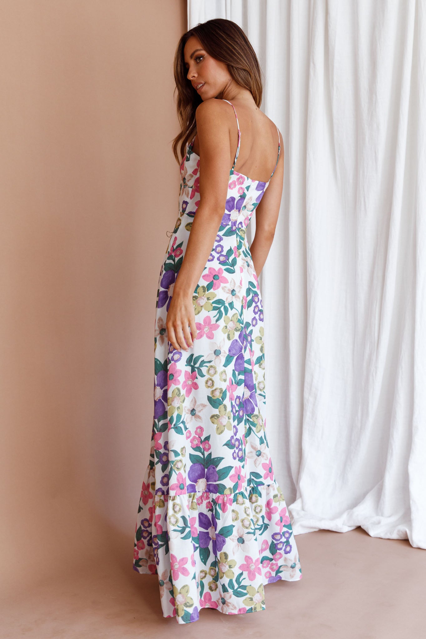 Beachside Flounce Hem Maxi Dress White Floral by Selfie Leslie Australia