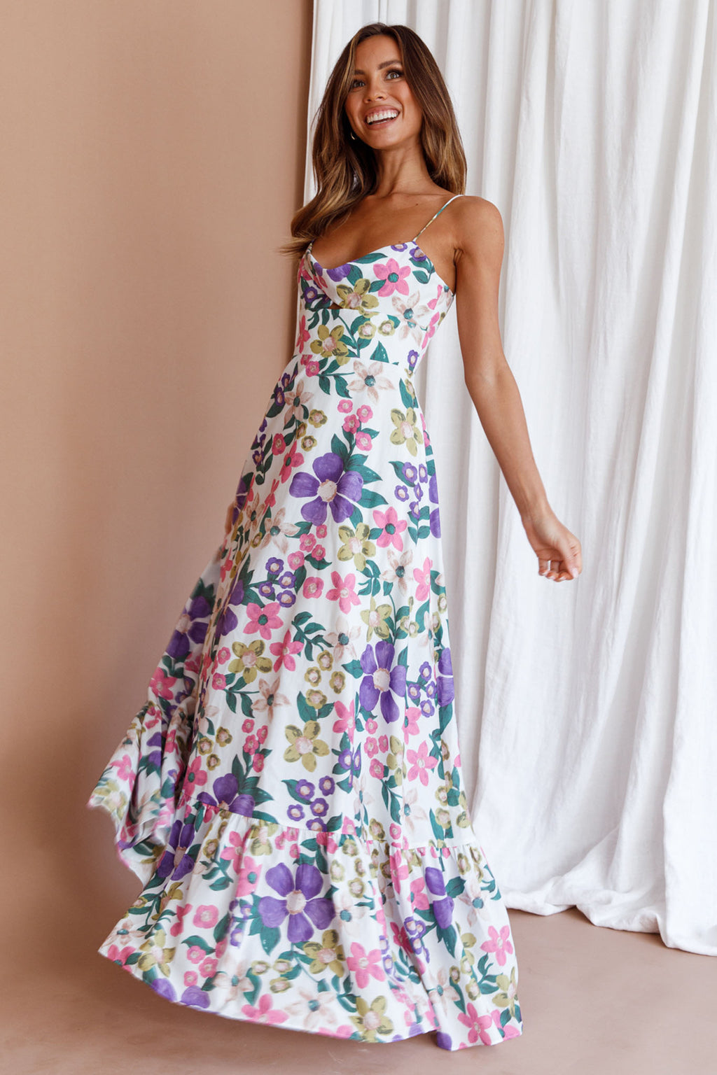 Beachside Flounce Hem Maxi Dress White Floral by Selfie Leslie Australia