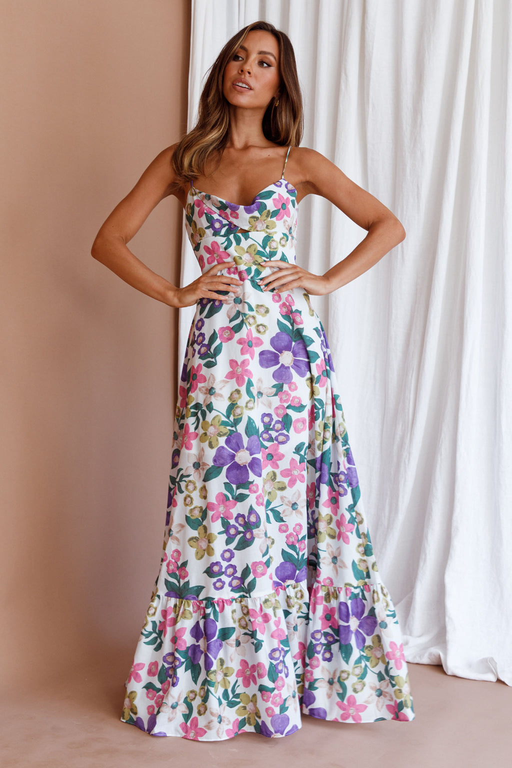 Beachside Flounce Hem Maxi Dress White Floral by Selfie Leslie Australia