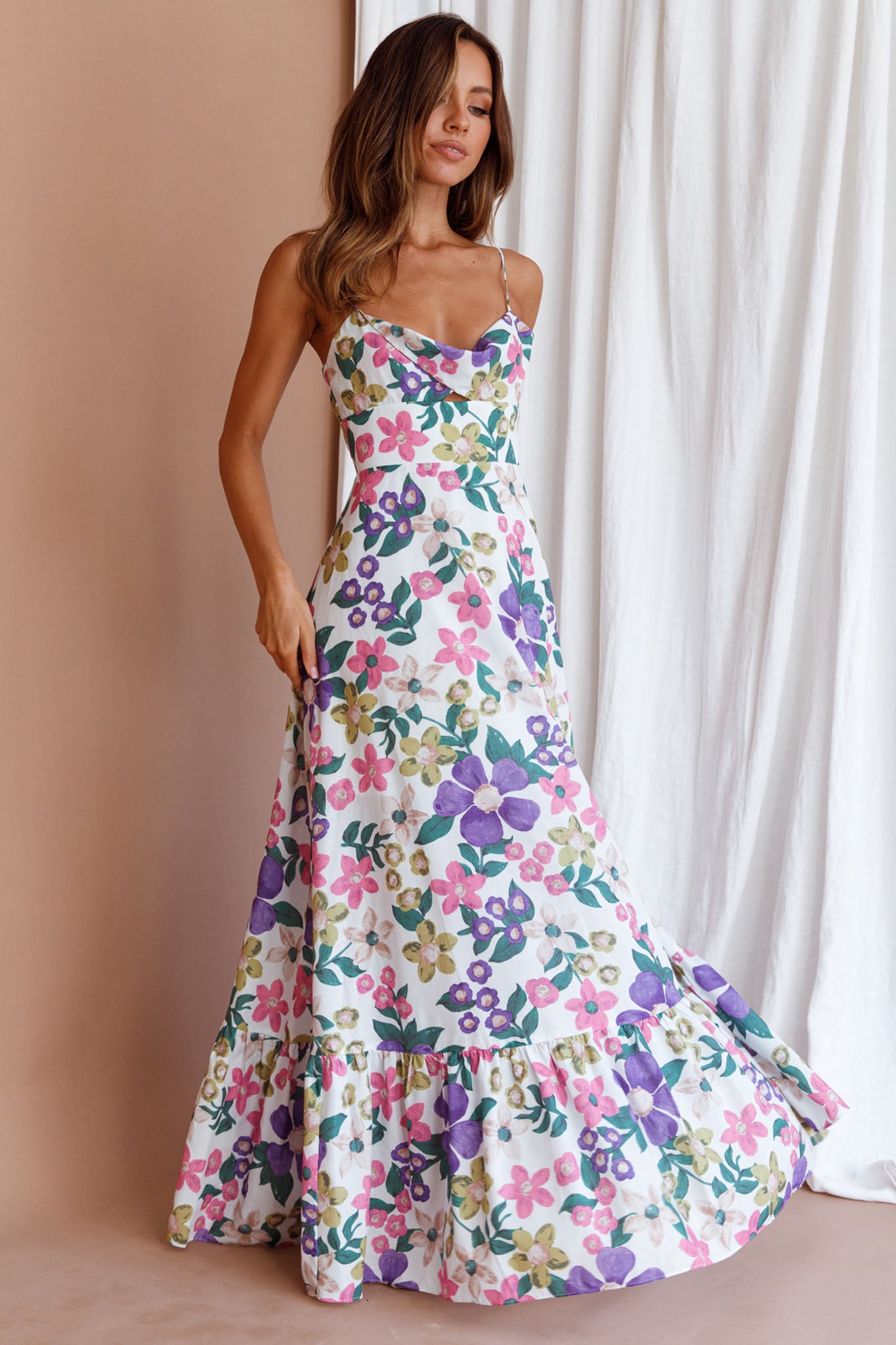 Beachside Flounce Hem Maxi Dress White Floral by Selfie Leslie Australia