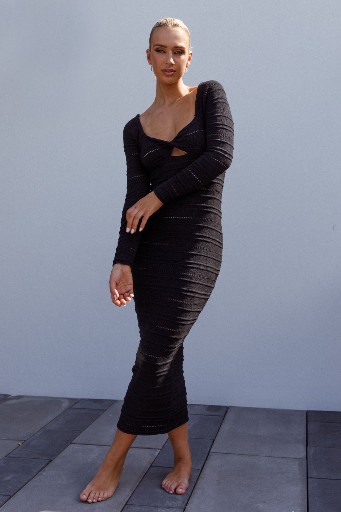 Shop the Beachside Crochet Knit Long Sleeve Midi Dress Black