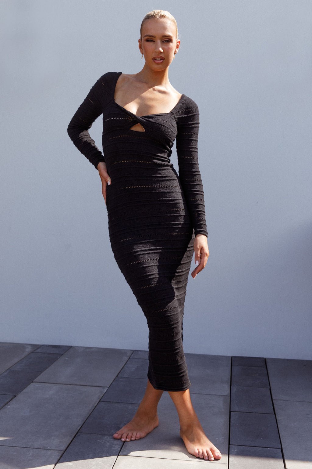 Beachside Crochet Knit Long Sleeve Midi Dress Black by Selfie Leslie Australia