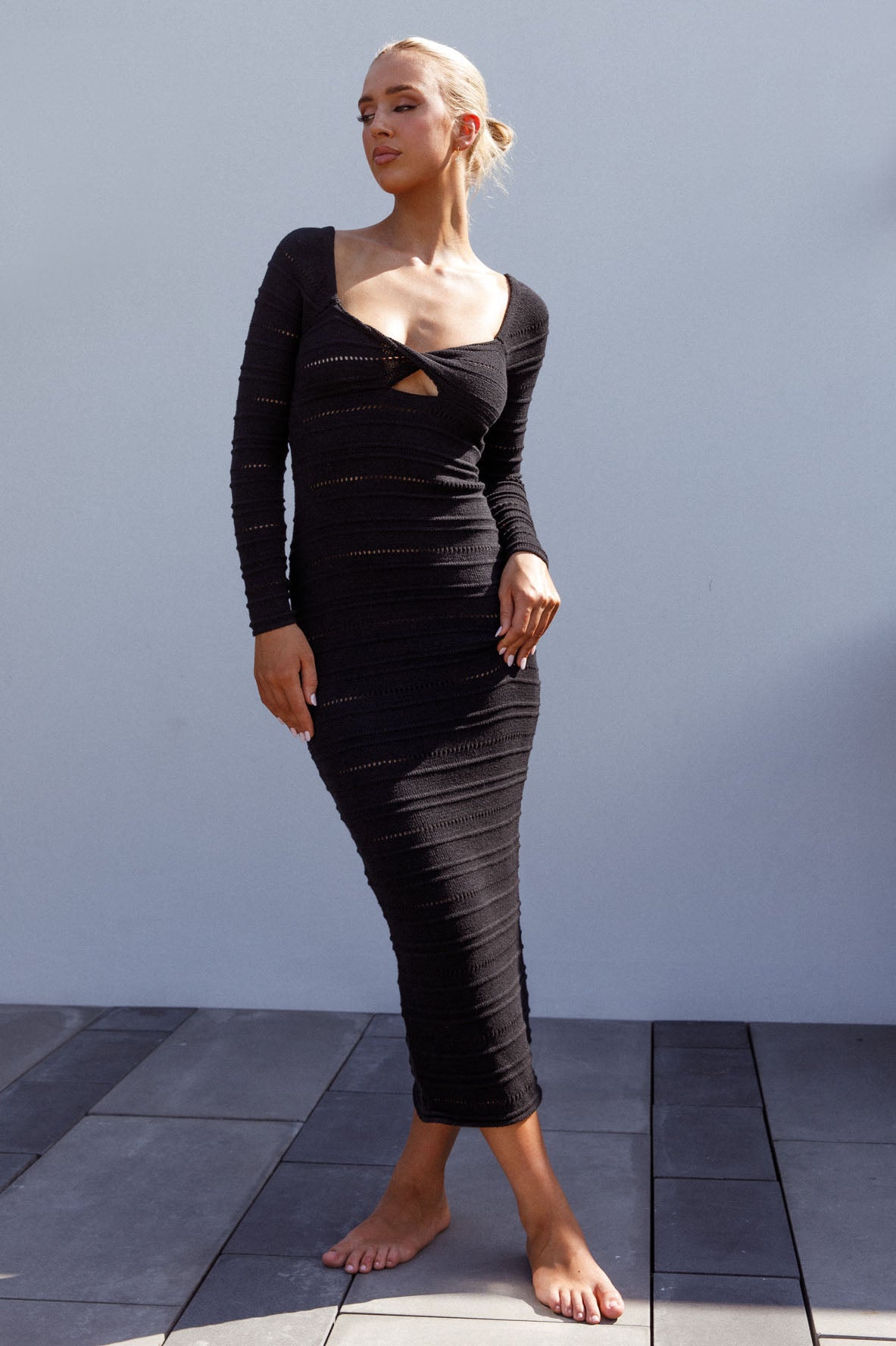 Beachside Crochet Knit Long Sleeve Midi Dress Black by Selfie Leslie Australia