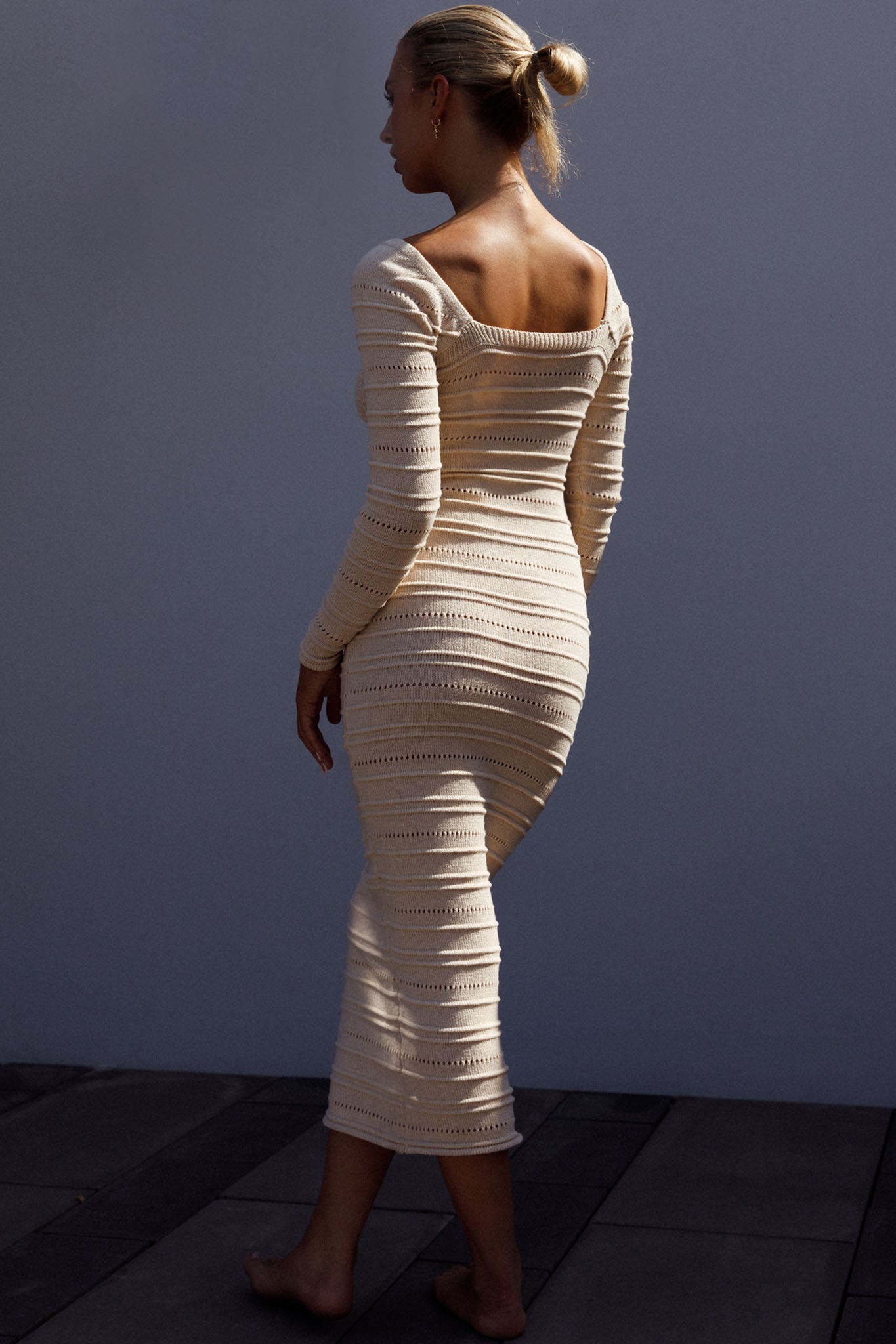 Shop the Beachside Crochet Knit Long Sleeve Midi Dress Oat Selfie