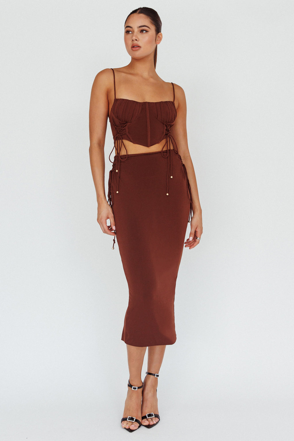 Graziella Lace Up Midi Skirt Chocolate by Selfie Leslie Australia